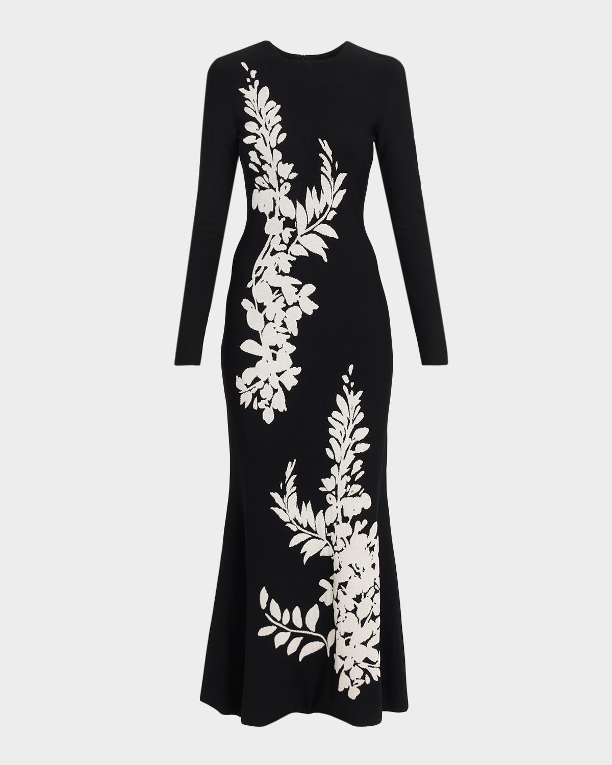 Lela Rose Velvet Jacquard Knit Long-Sleeve Ankle Dress