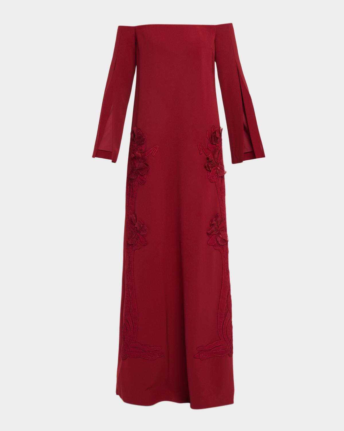 Lela Rose Floral Organza Embroidered Off-The-Shoulder Crepe Gown