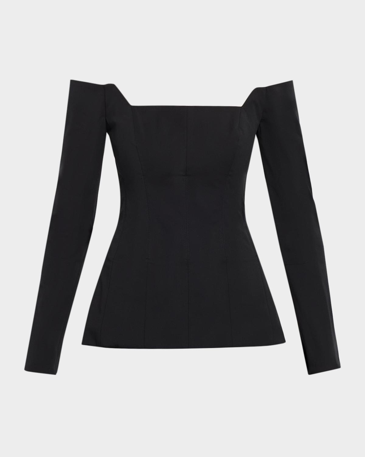 Lela Rose Off-The-Shoulder Stretch Cotton Long-Sleeve Top