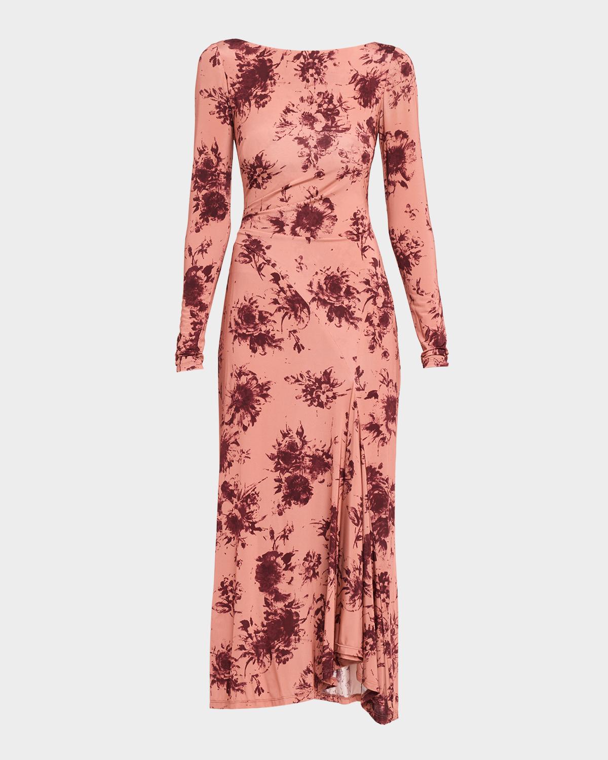 Lela Rose Floral Printed Jersey Long-sleeve Midi Dress In Dusty Rose