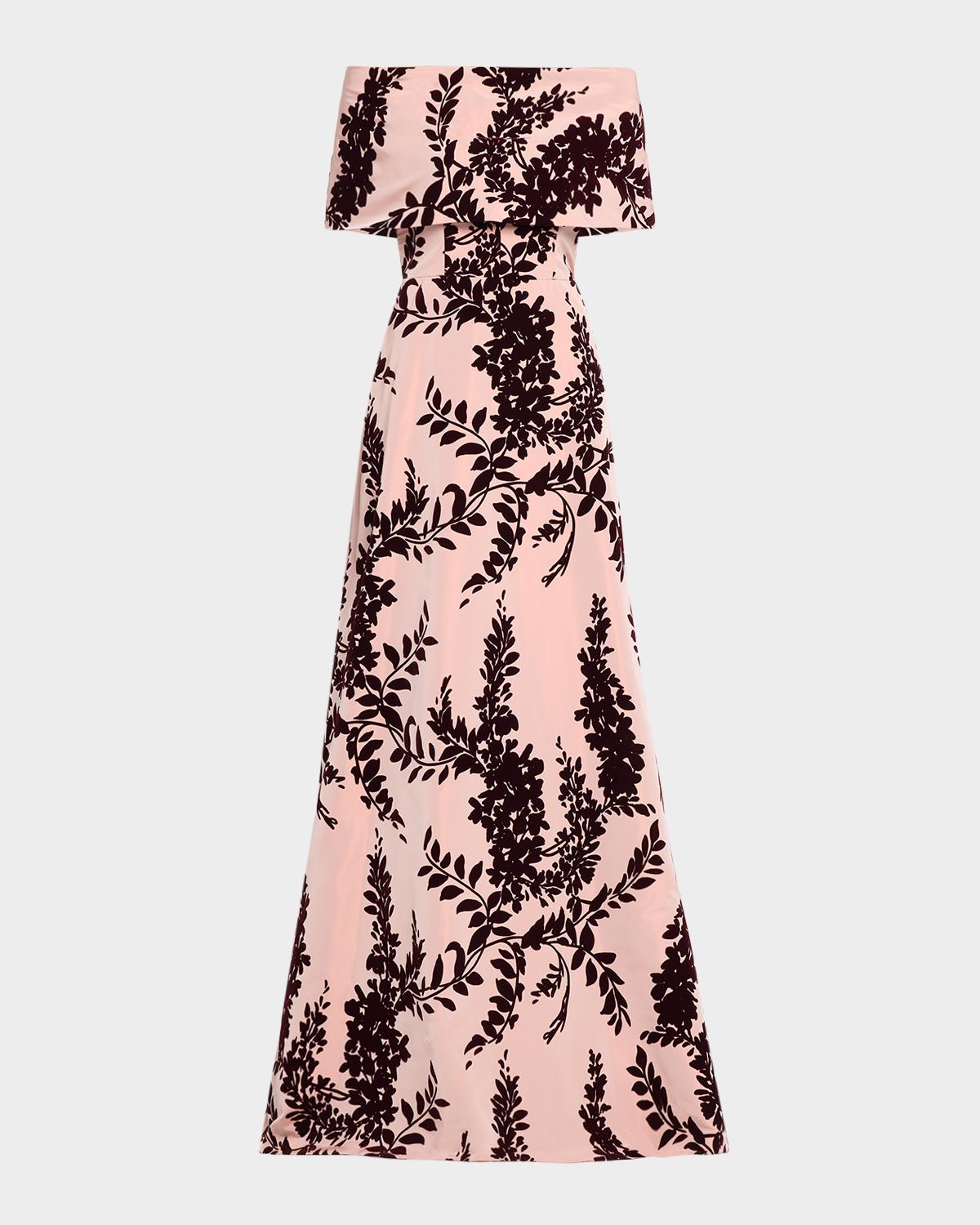Lela Rose Flocked Taffeta Off-the-shoulder A-line Gown In Dusty Rose