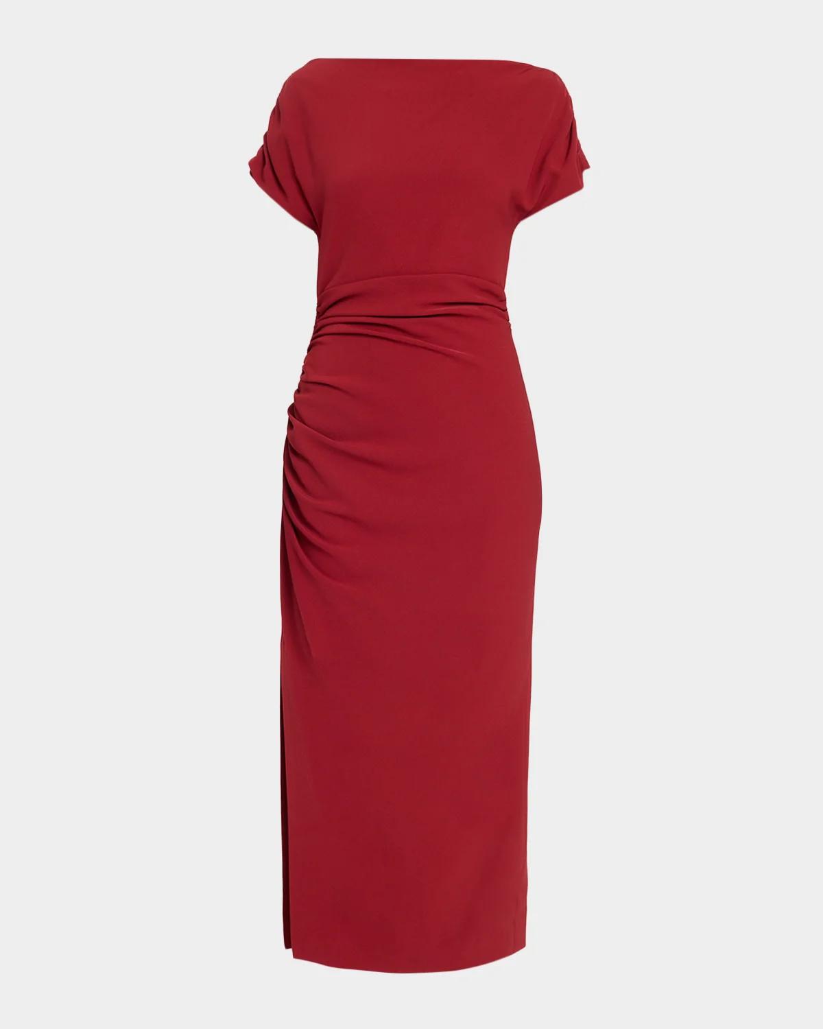 Lela Rose High-Neck Ruched Fluid Crepe Slit Midi Dress