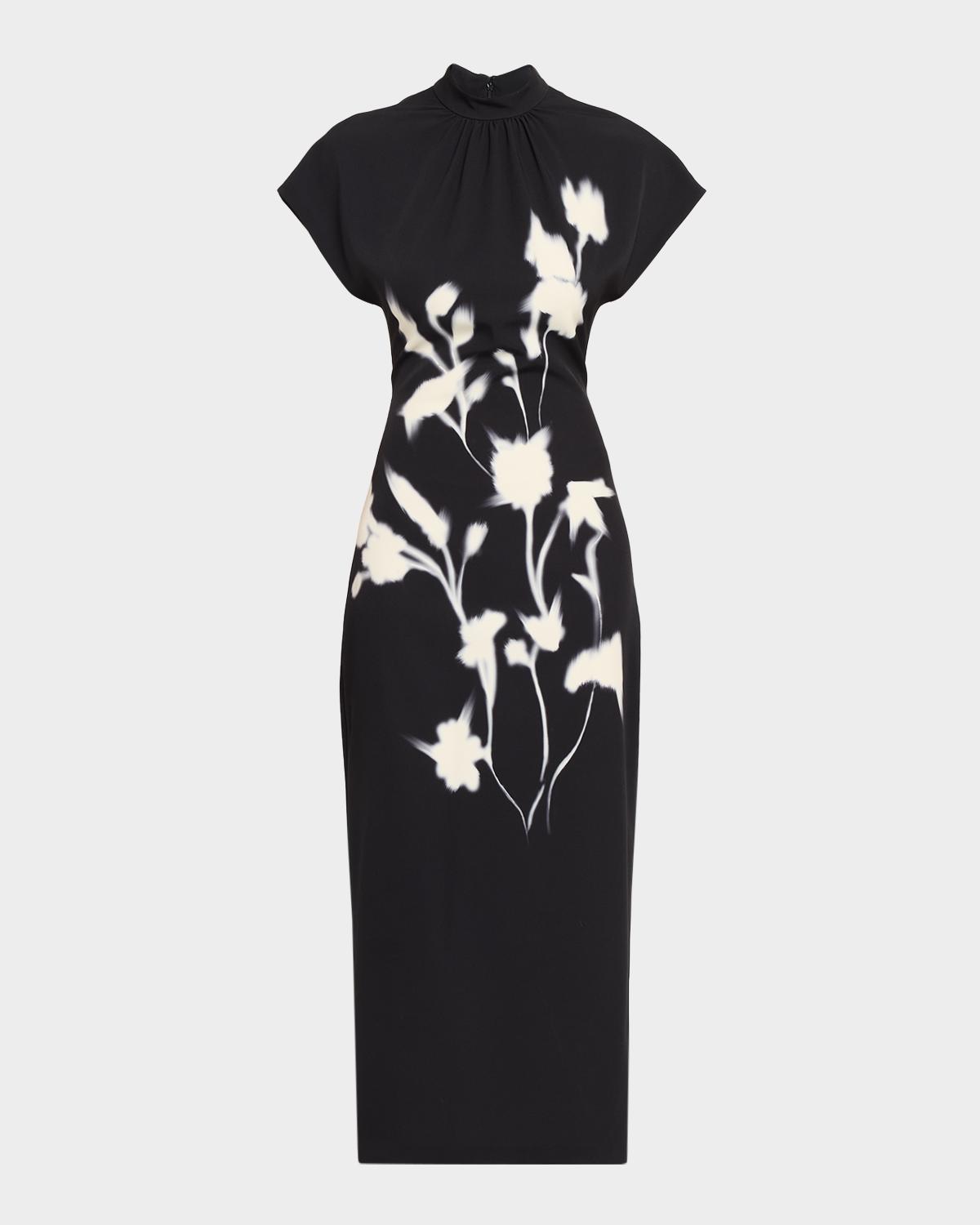 Lela Rose Mock-Neck Floral Crepe Stretch Midi Dress