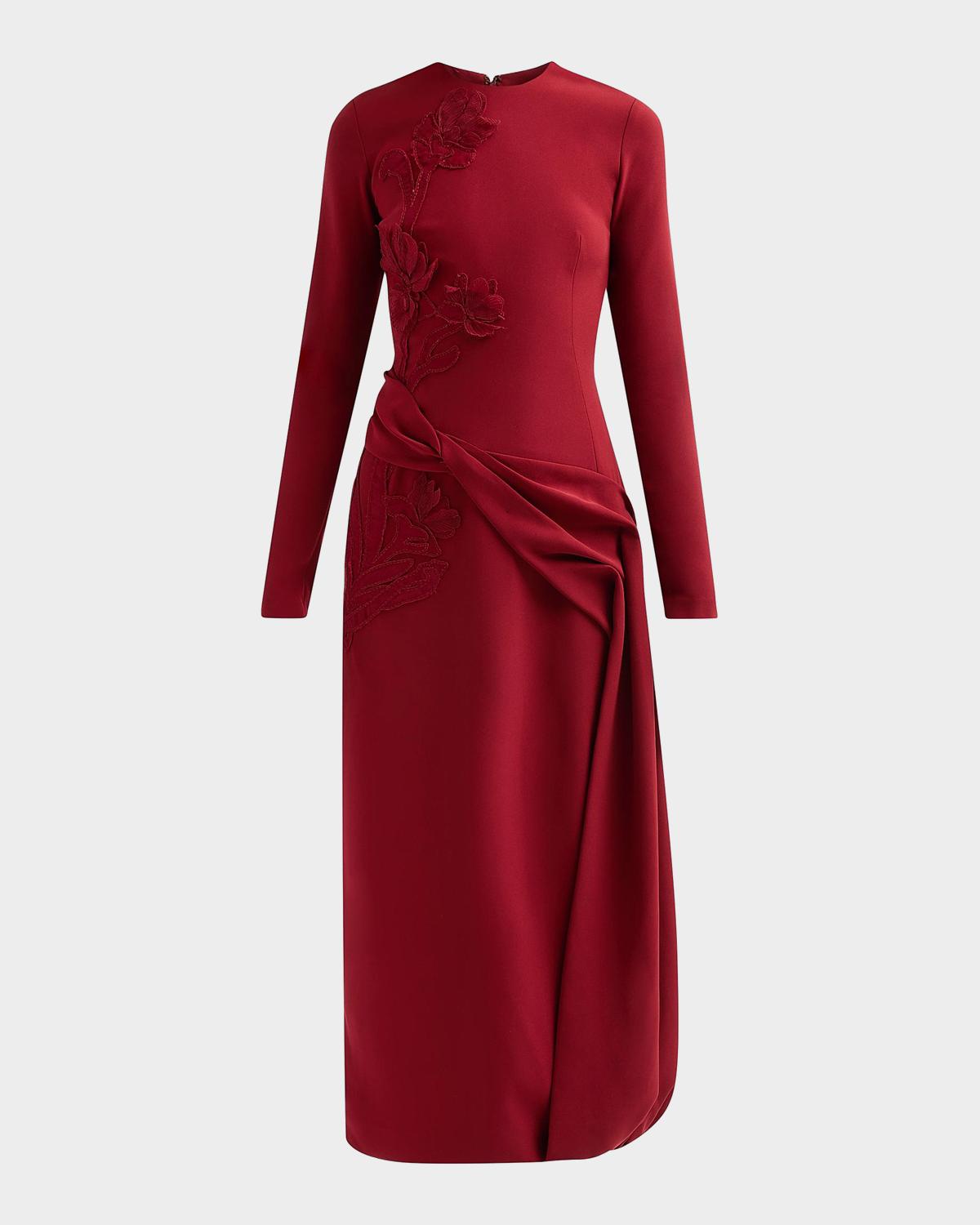 Lela Rose Floral Organza Embroidered Crepe Midi Dress