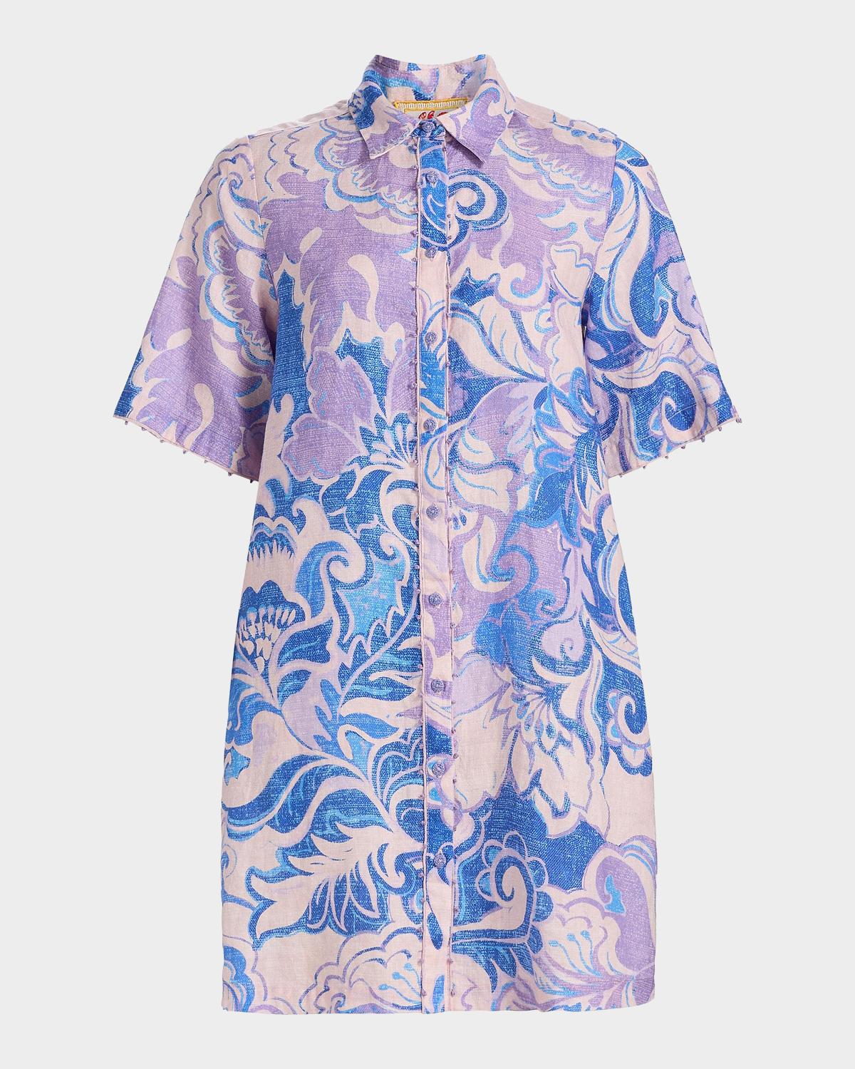 Johnny Was Floral-Print Linen Mini Shirtdress