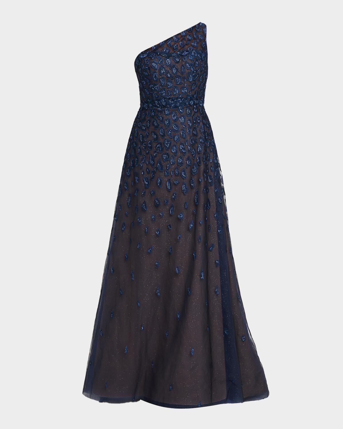Rene Ruiz Collection Metallic Embroidered One-Shoulder Gown