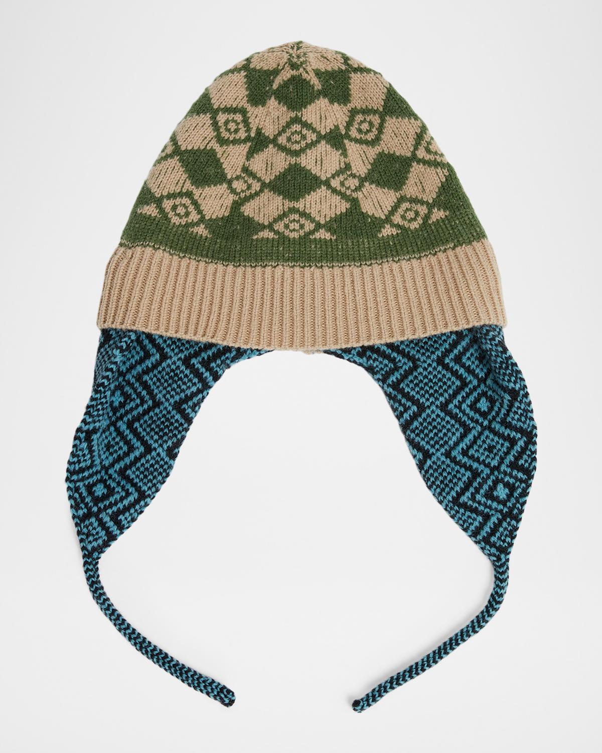 Dries Van Noten Men's Wool Knit Fair Isle Trapper Beanie Hat
