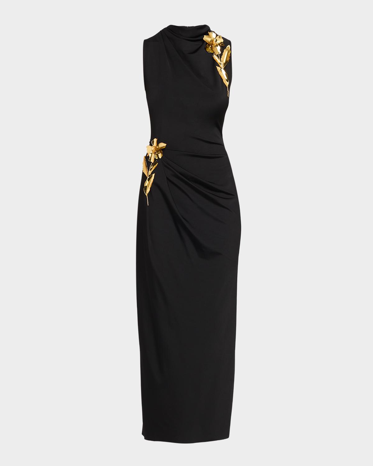 Lela Rose 3D Metallic Flower Draped Jersey Midi Dress