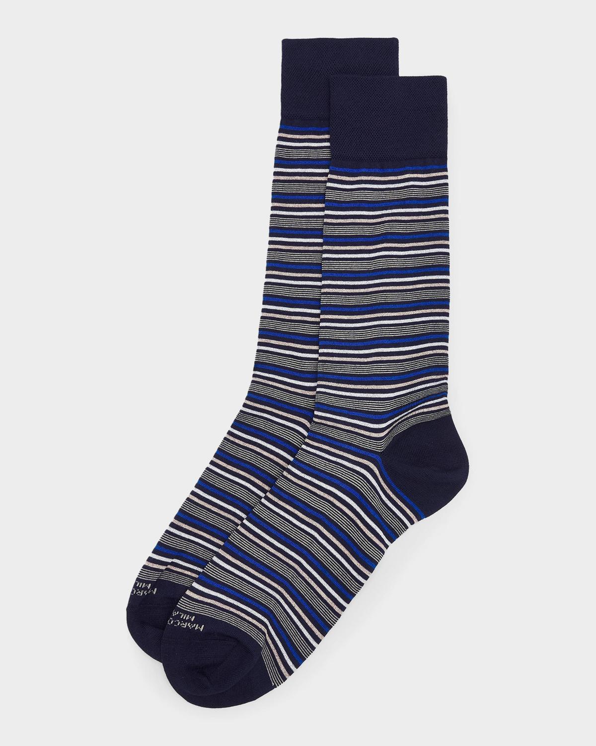Marcoliani Men's Multi-Stripe Cotton Blend Mid-Calf Socks