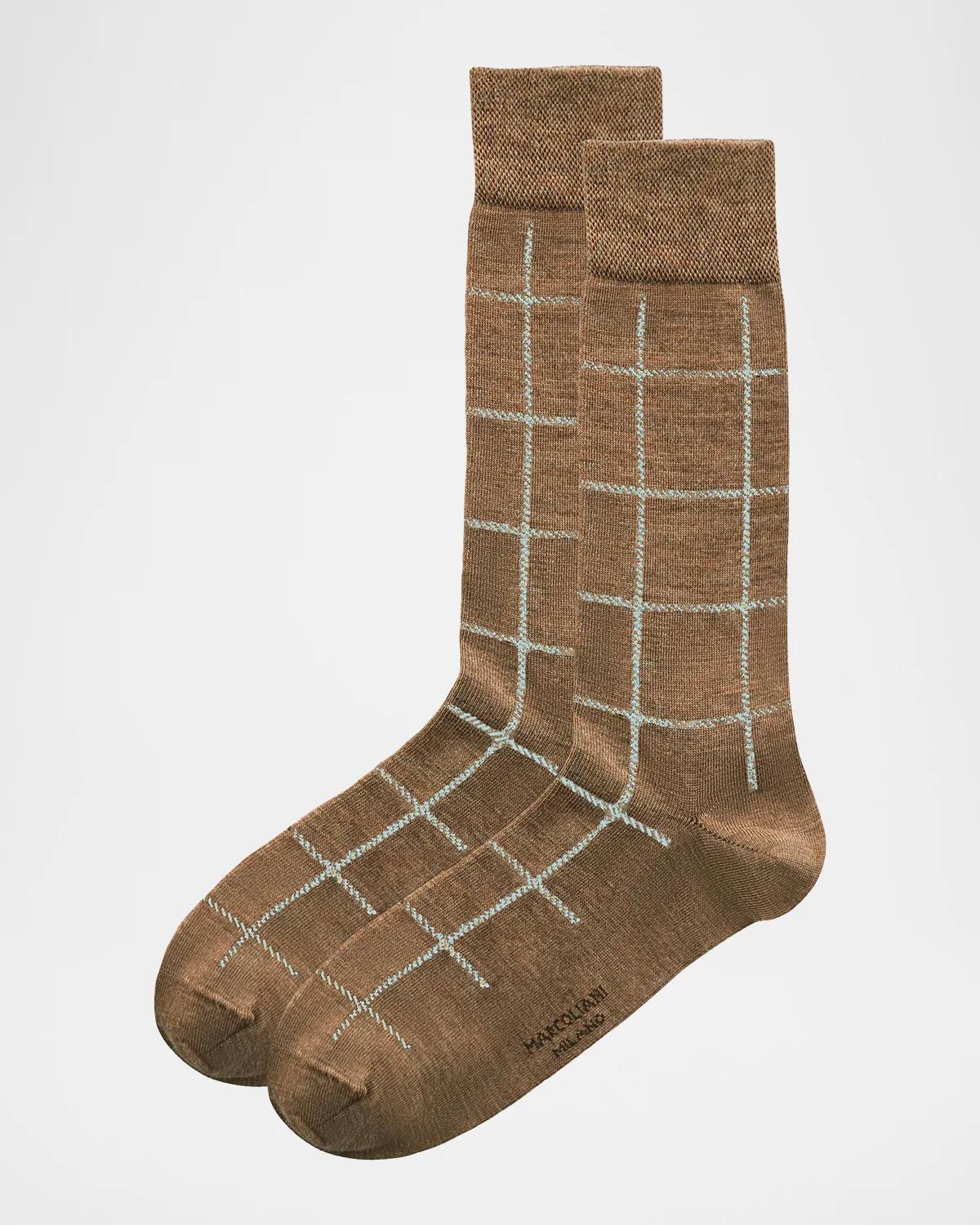 Marcoliani Men & Apos;s Windowpane Crew Socks In Cappuccino