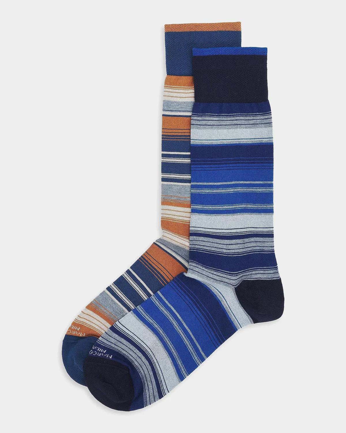 Marcoliani Shaded Stripes Cotton-nylon Socks 2-pack In Blue Beige