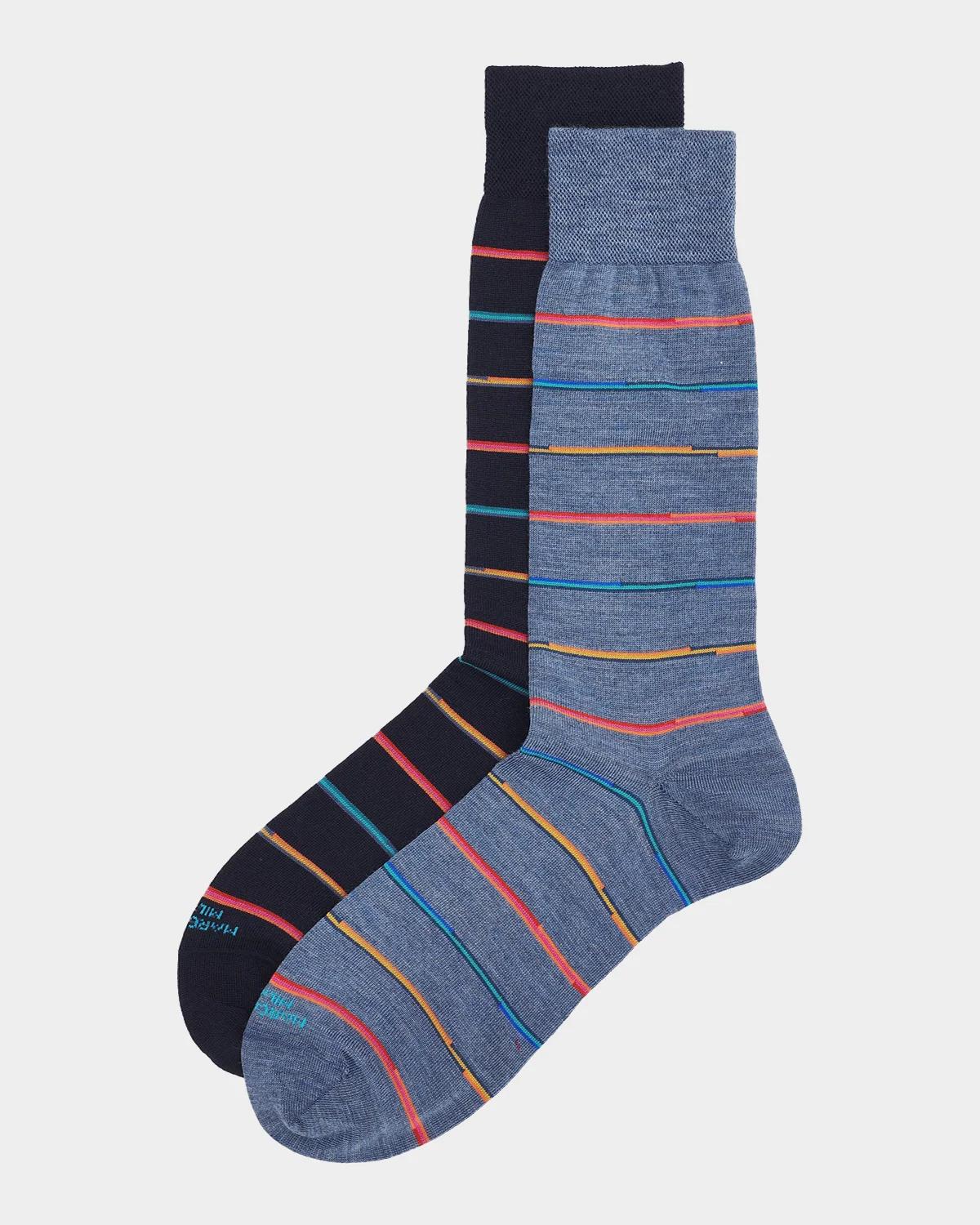 Marcoliani Mixed Striped Wool-nylon Socks 2-pack In Navy Light