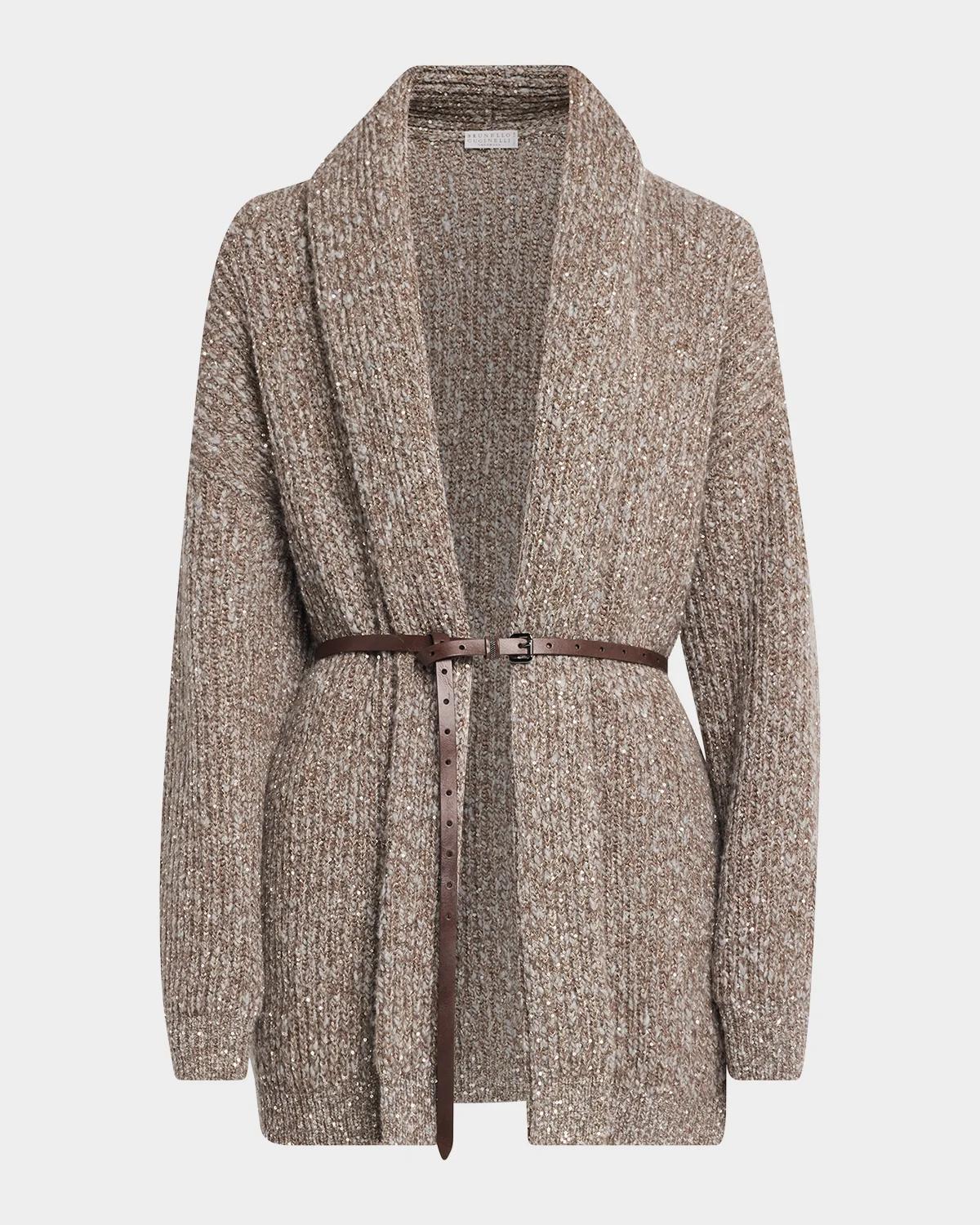 Brunello Cucinelli Micro Paillette Wool Knit Shawl-Collar Cardigan
