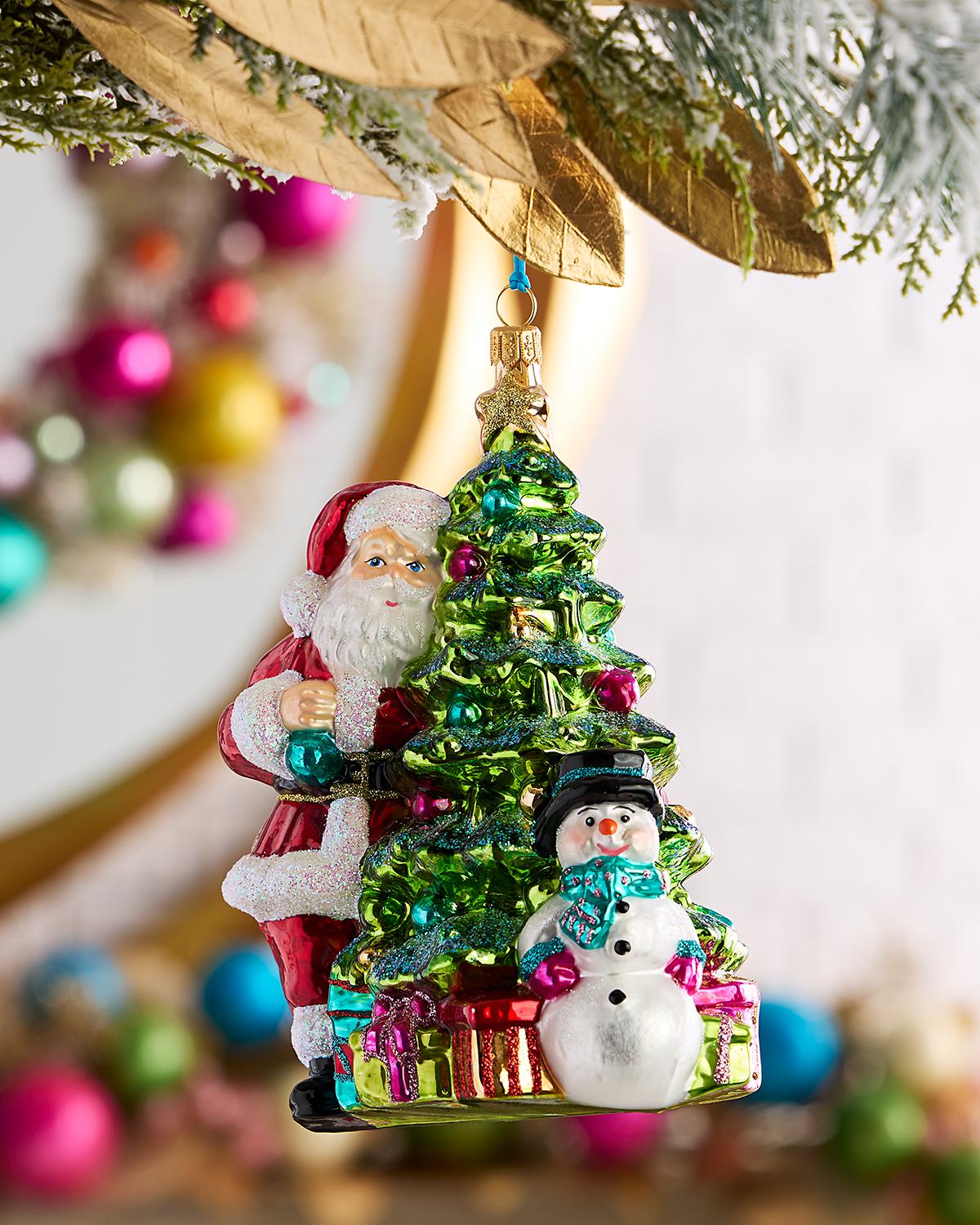 Santa with Tree and Snowman Christmas Ornament