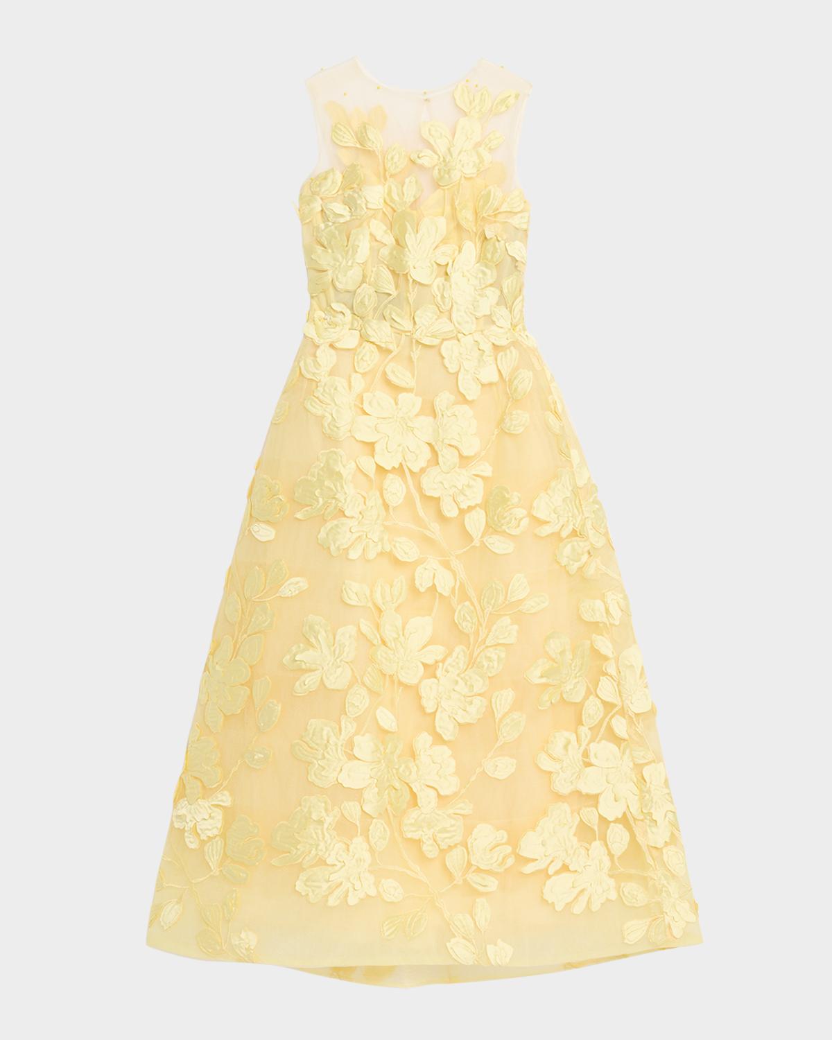 Monique Lhuillier Sleeveless Floral Tulle Illusion Tea-Length Dress
