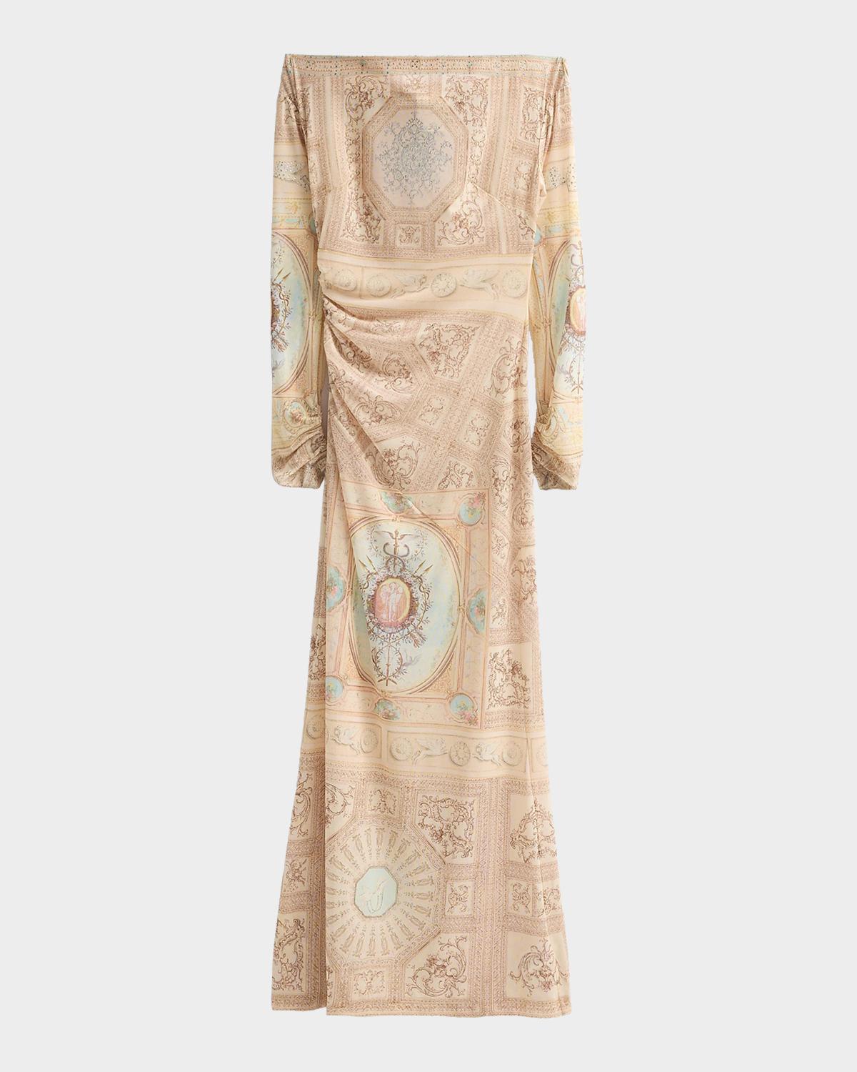 Camilla Gathered Mesh Jersey Off-The-Shoulder Dress