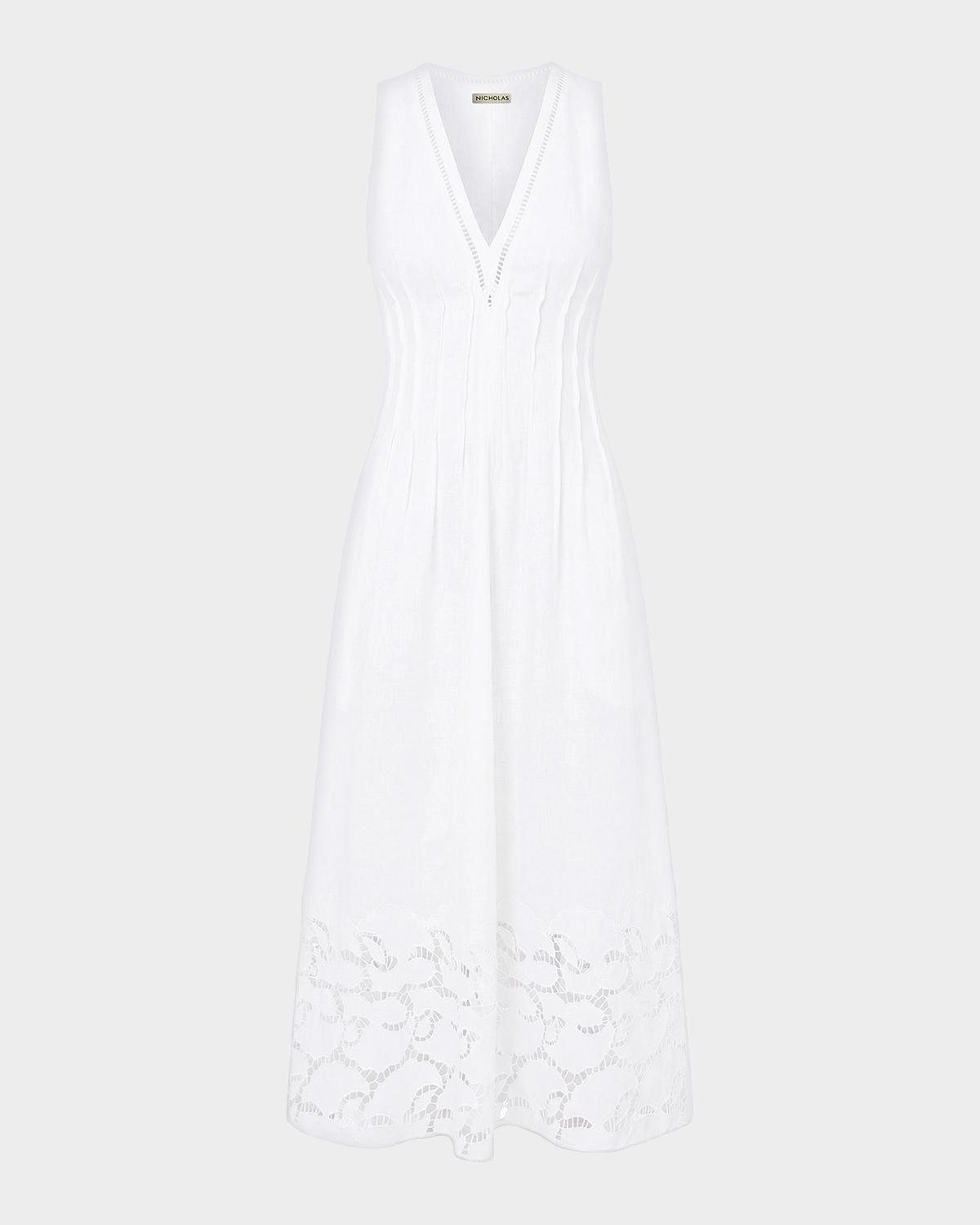 NICHOLAS Stina Broderie Linen-Blend Midi Dress