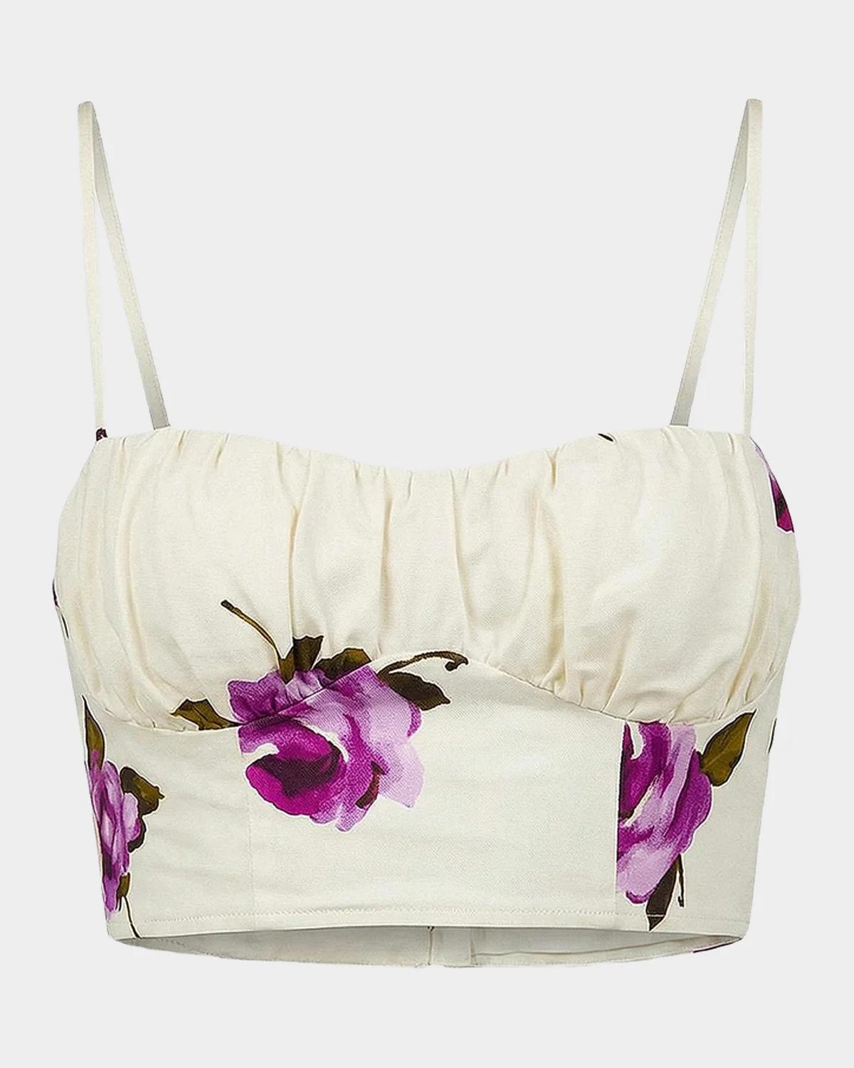 NICHOLAS Yulia Floral Bustier Linen-Blend Crop Top