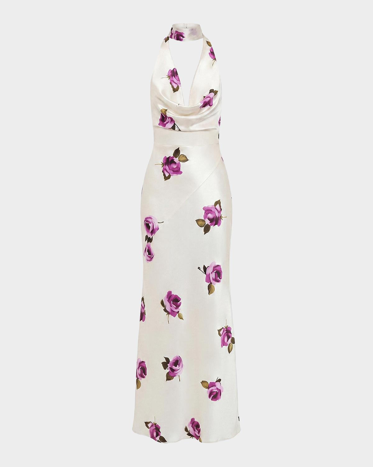 n/nicholas Lyria Rose-Print Satin Gown