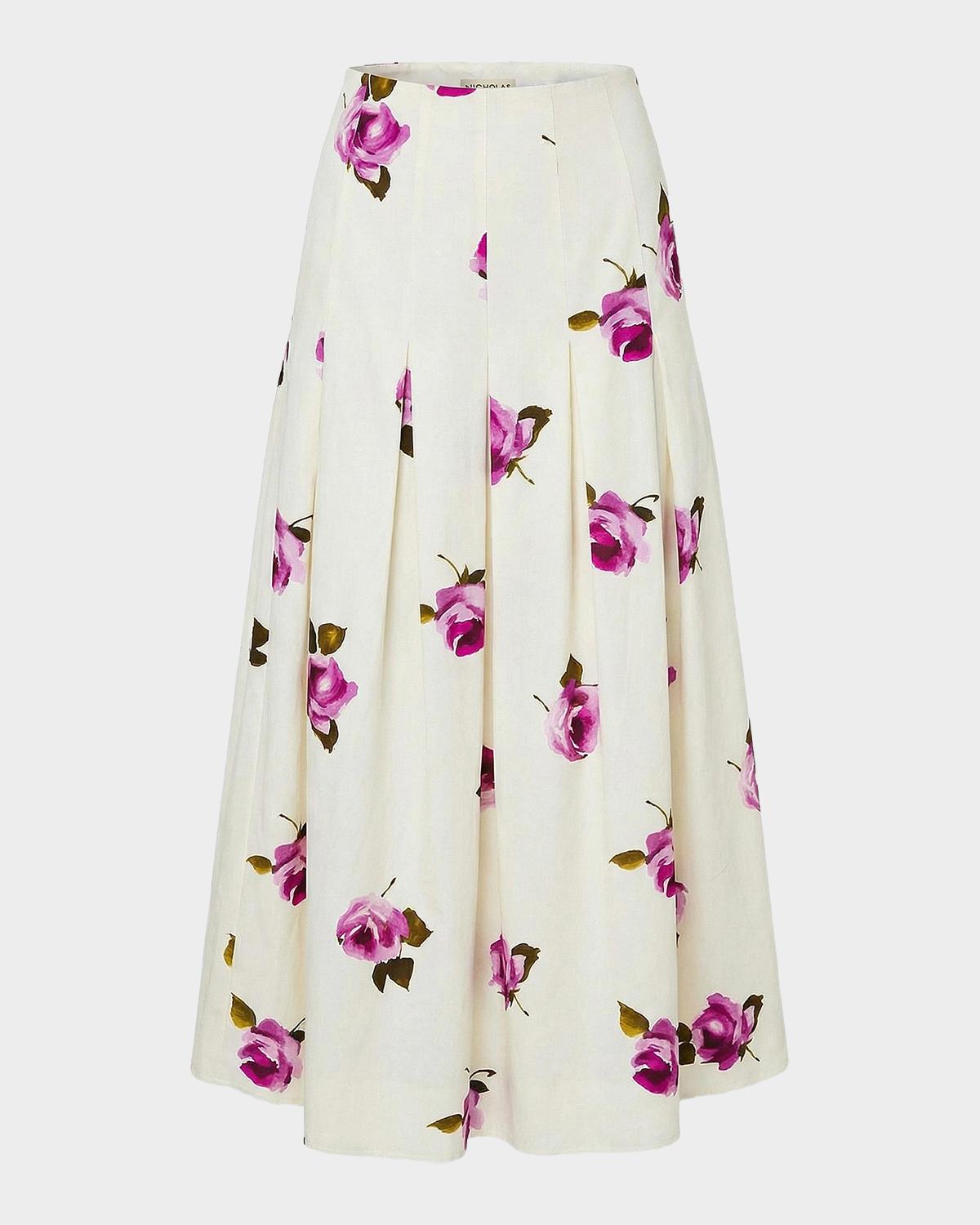 NICHOLAS Jordana Pleated Floral Linen-Blend Midi Skirt