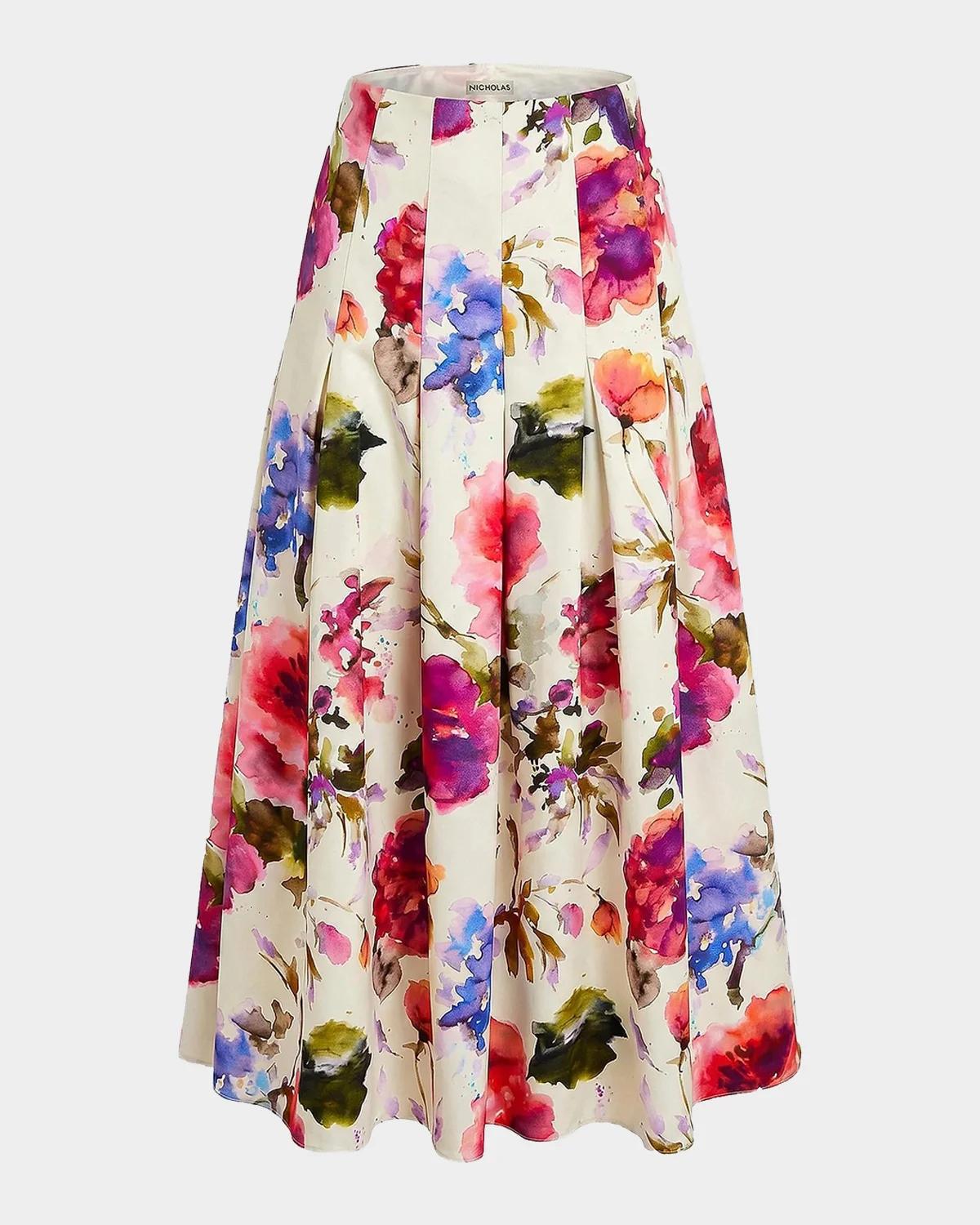 NICHOLAS Jordana Pleated Floral Linen-Blend Midi Skirt