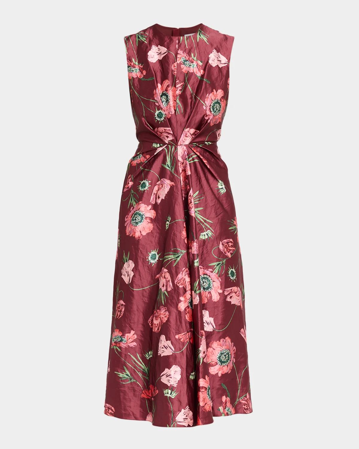 Erdem Floral Crinkled Satin Gathered Sleeveless Midi Dress