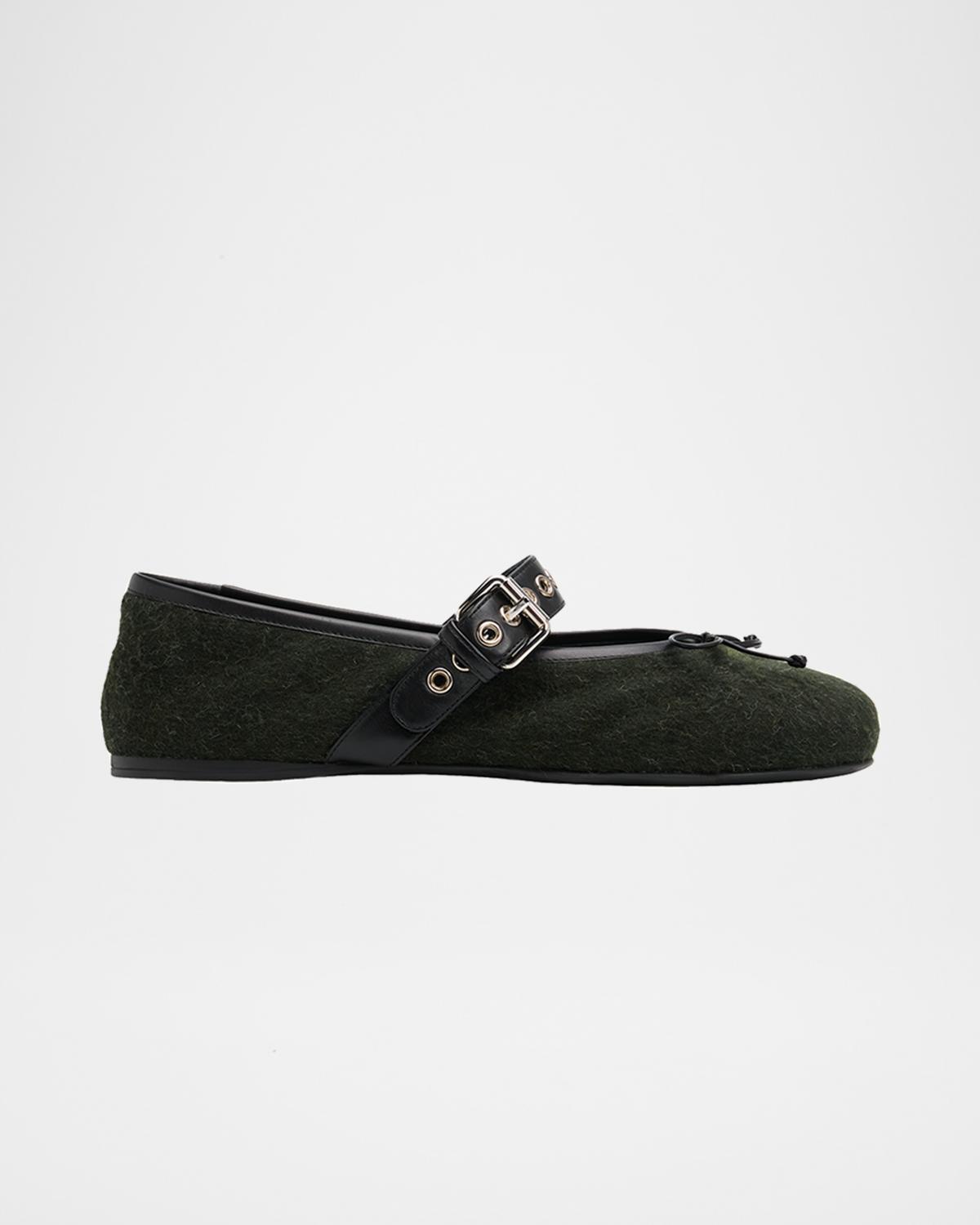 Miu Miu Flannel Leather-Strap Ballerina Flats