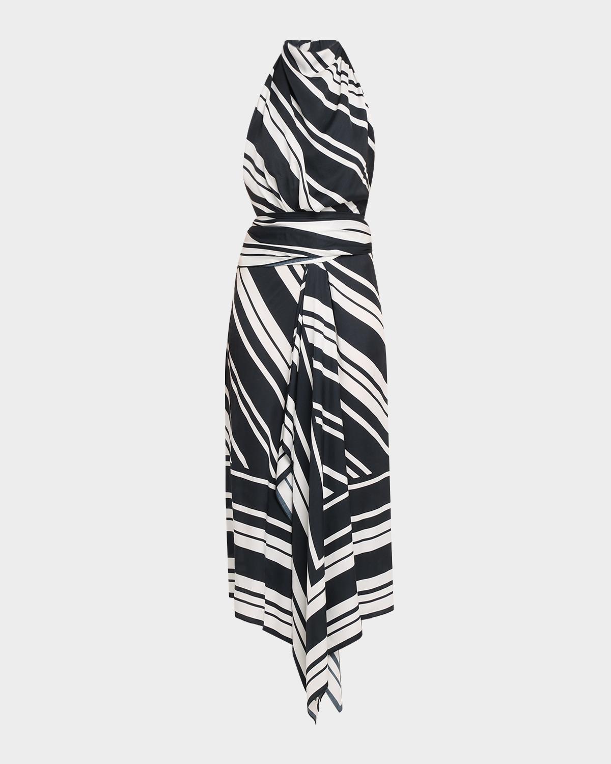 Brandon Maxwell Marin Striped Satin Halter Midi Scarf Dress