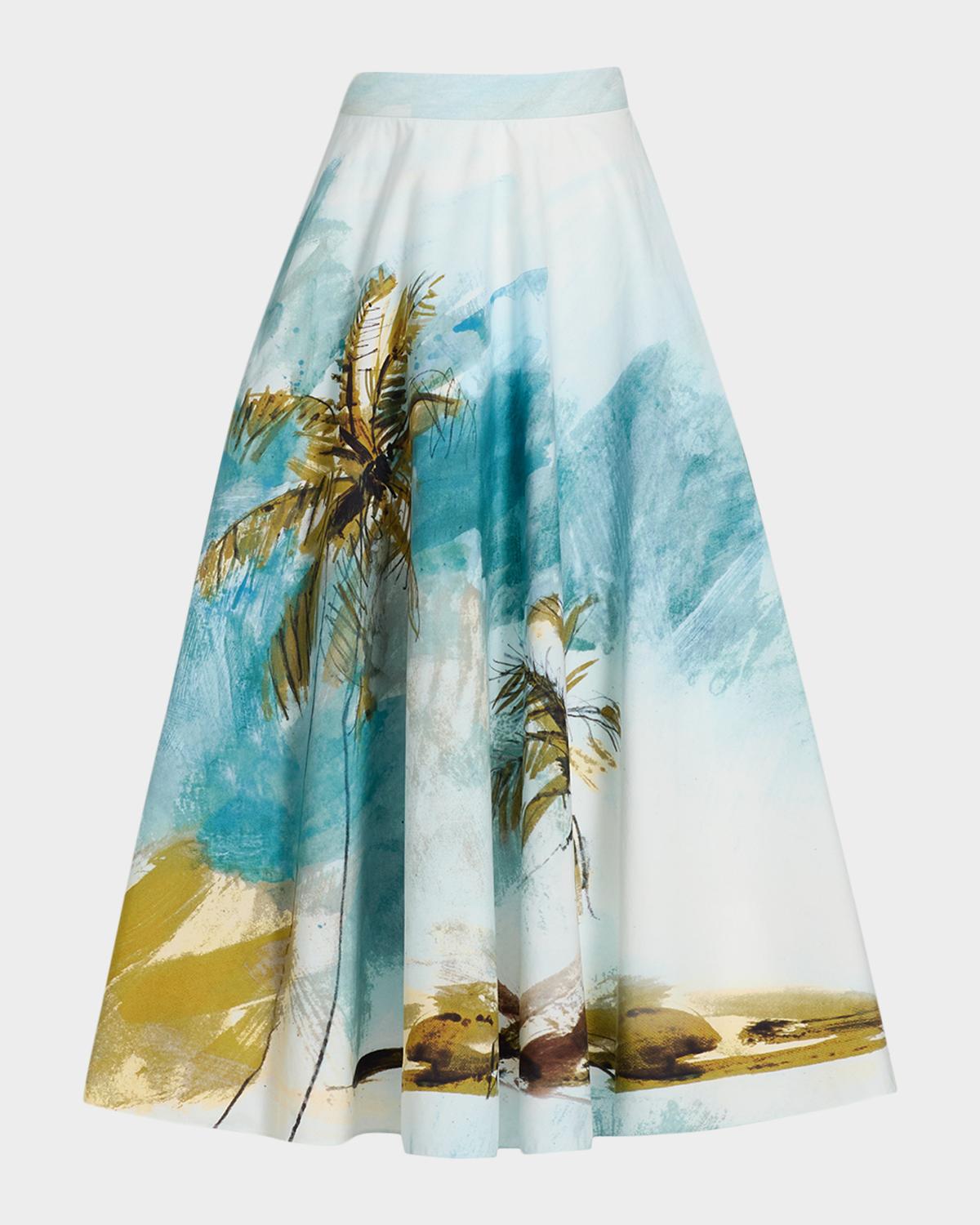 Oscar de la Renta Beach Palm Print Cotton Poplin Midi Skirt