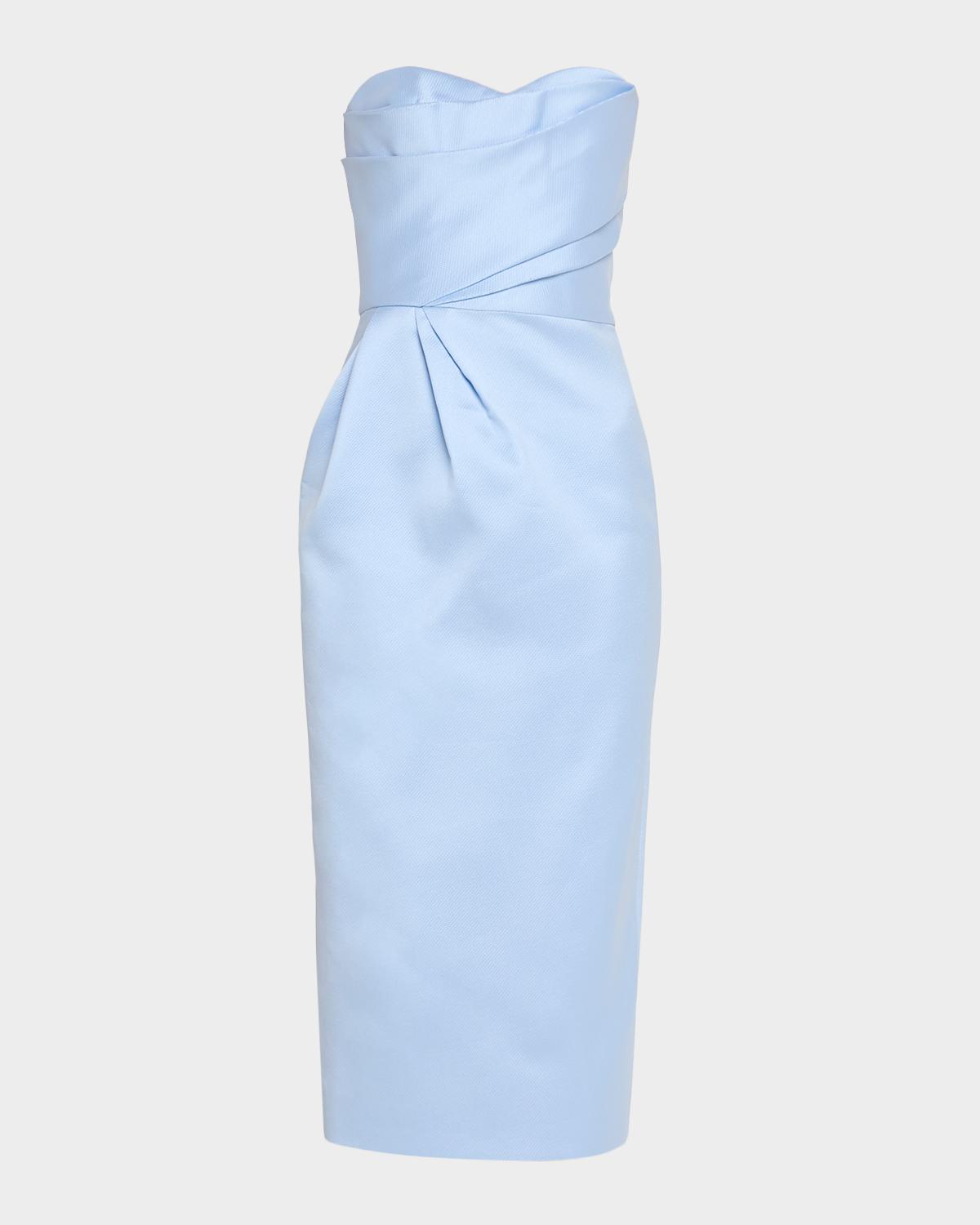Monique Lhuillier Strapless Draped Mikado Piqué Midi Cocktail Dress
