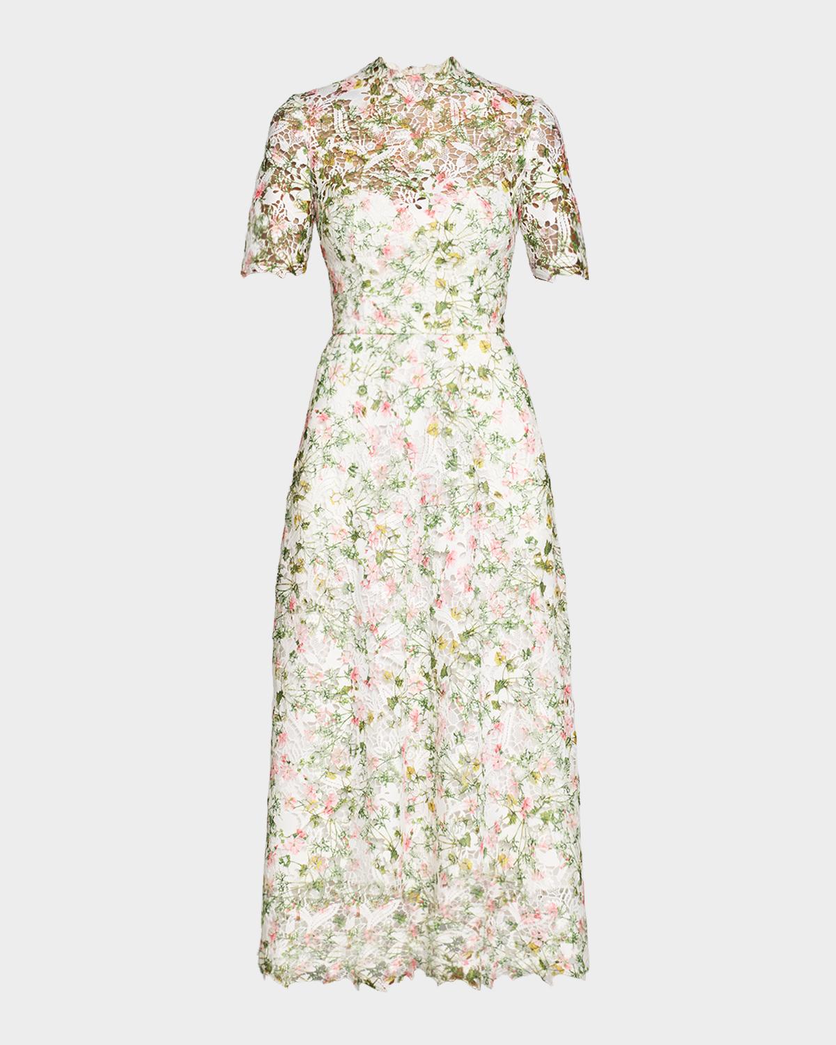 Monique Lhuillier Ivy Bloom Print Lace Short-Sleeve Midi Dress