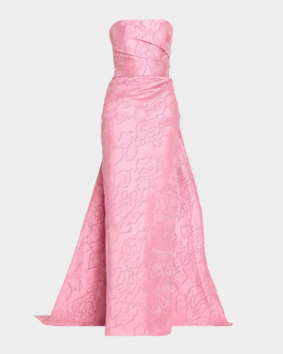 Monique Lhuillier Strapless Floral Jacquard Column Gown With Train