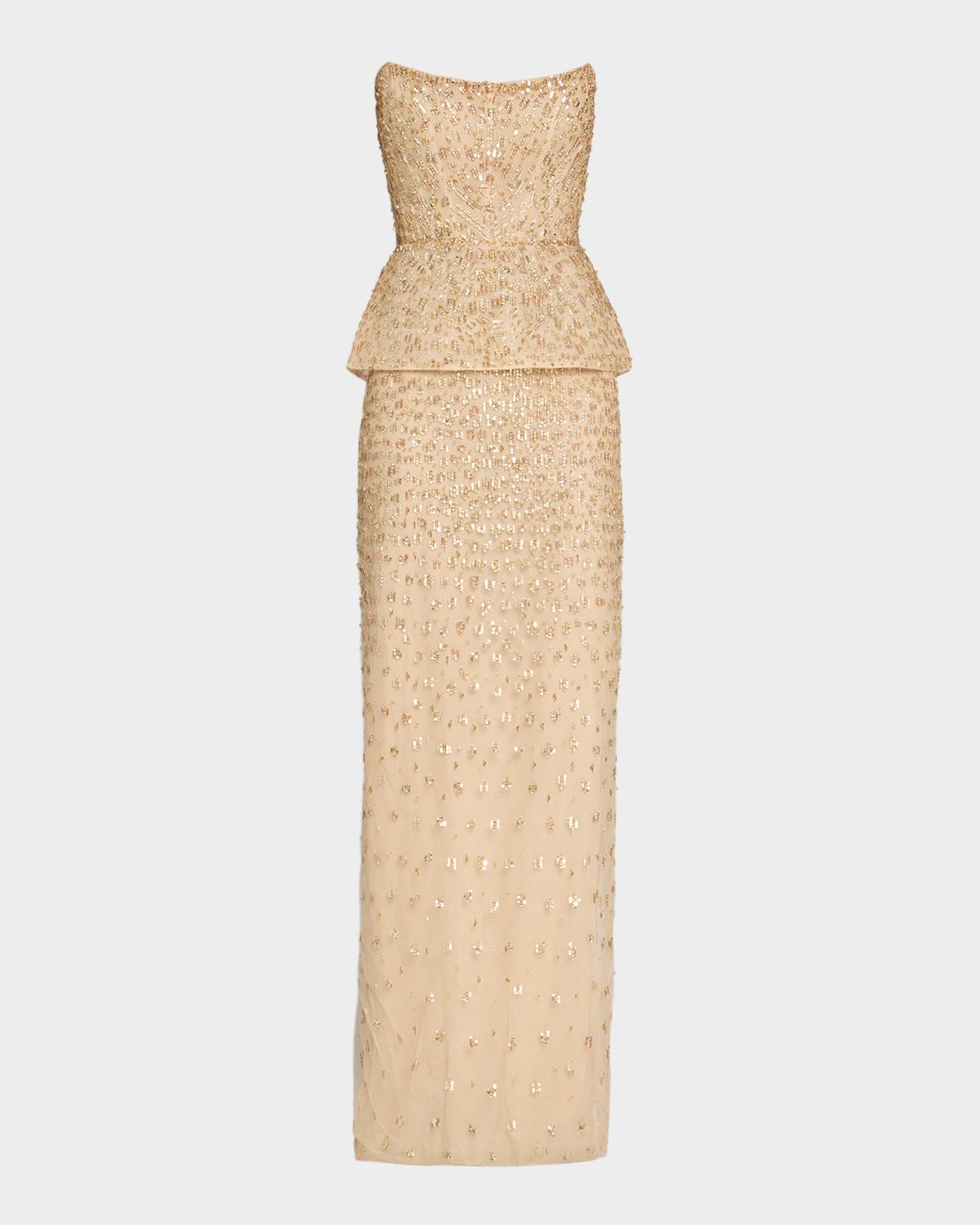 Monique Lhuillier Strapless Embellished Tulle Peplum Column Gown