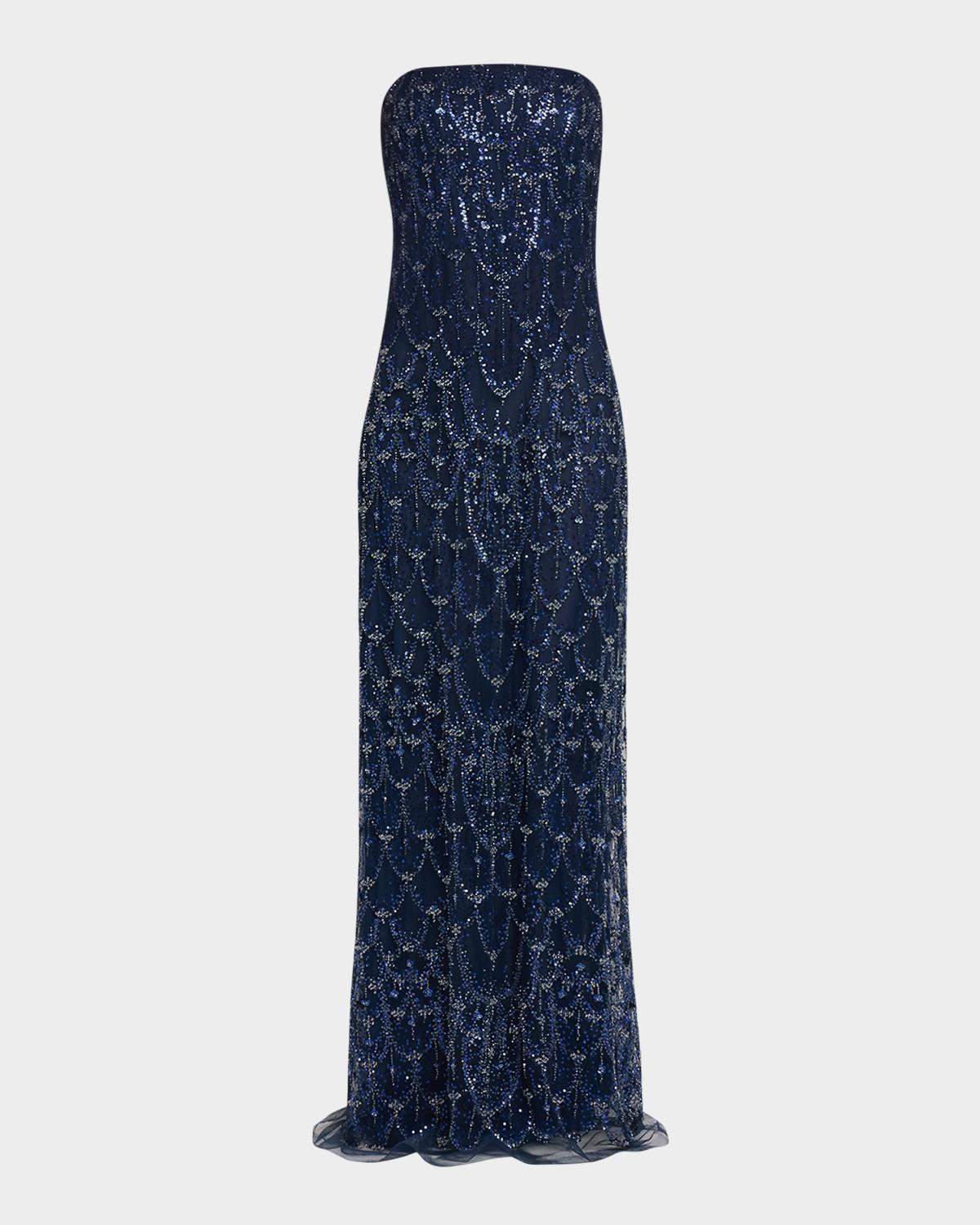 Reem Acra Strapless Crystal Embellished Evening Gown