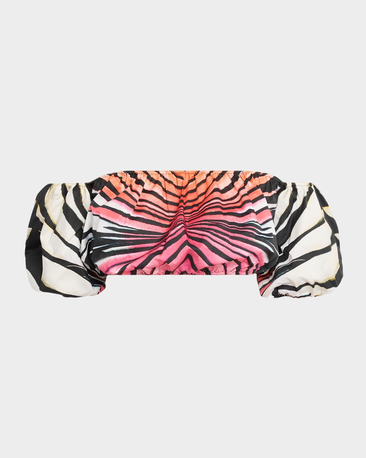 Roberto Cavalli Ray Of Paradise Off-The-Shoulder Puff-Sleeve Crop Top
