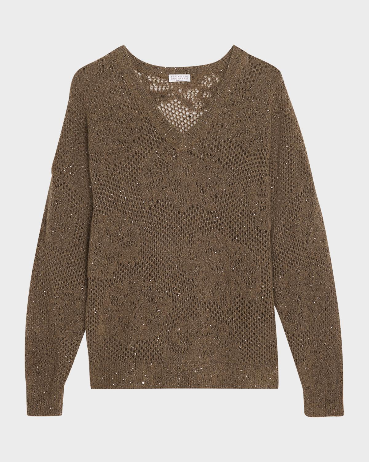 Brunello Cucinelli Diamante Paillette Mohair Open-Knit V-Neck Sweater