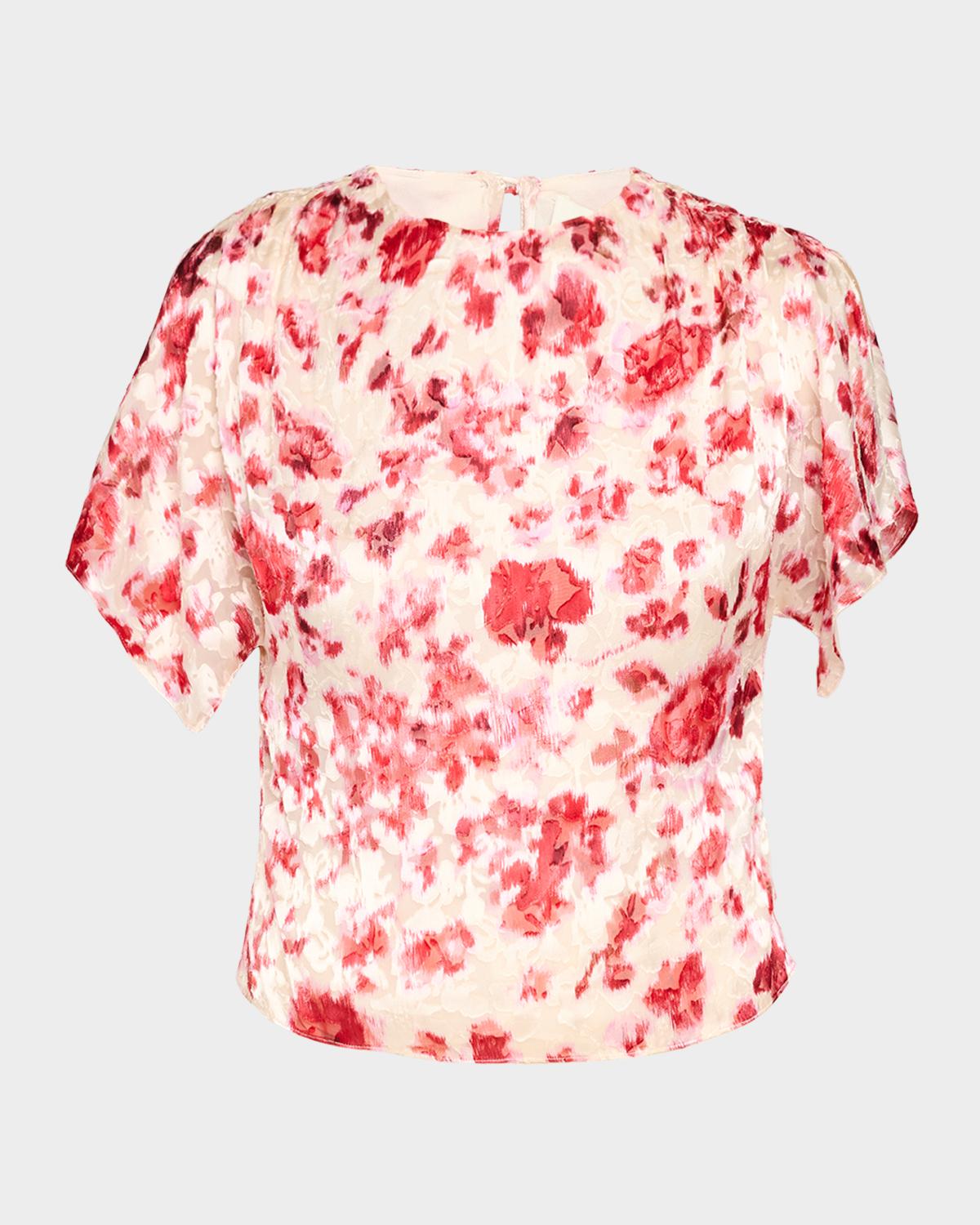Hervane Floral Devoré Silk Georgette Flutter-Sleeve Top