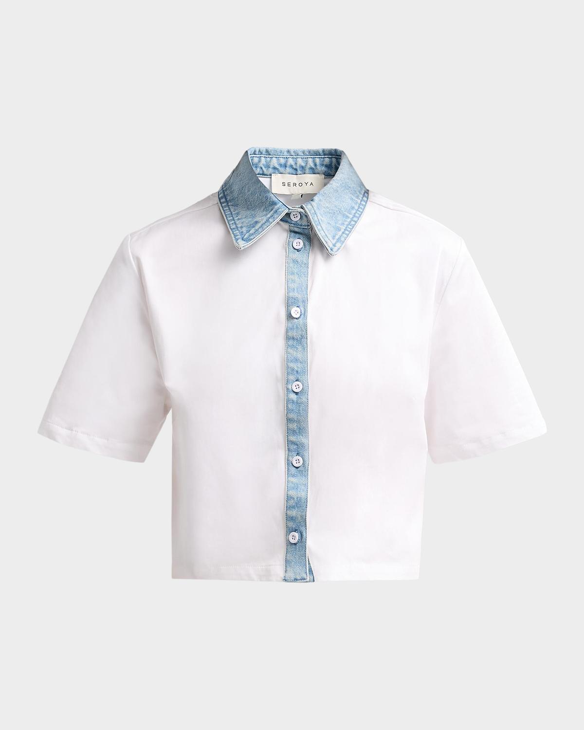SEROYA Kelsie Stretch-Cotton Denim-Trim Top