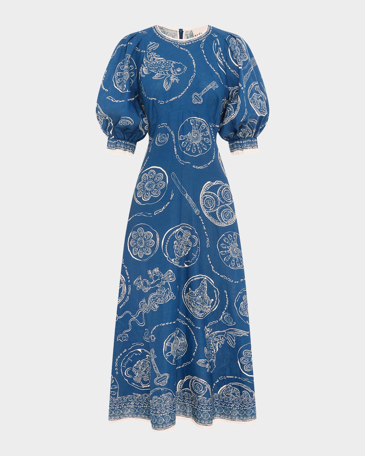 ALÉMAIS Lucky Balloon-Sleeve Linen Midi Dress