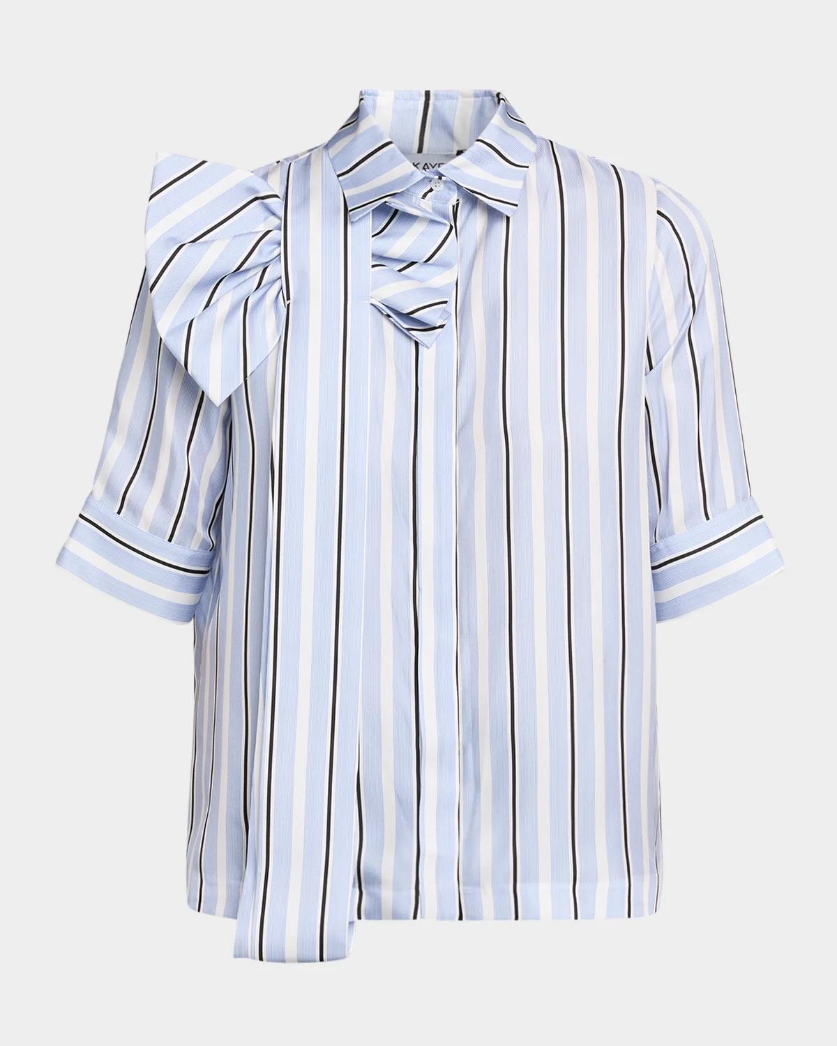 Dice Kayek Short-Sleeve Striped Silk Bow Button-Down Shirt