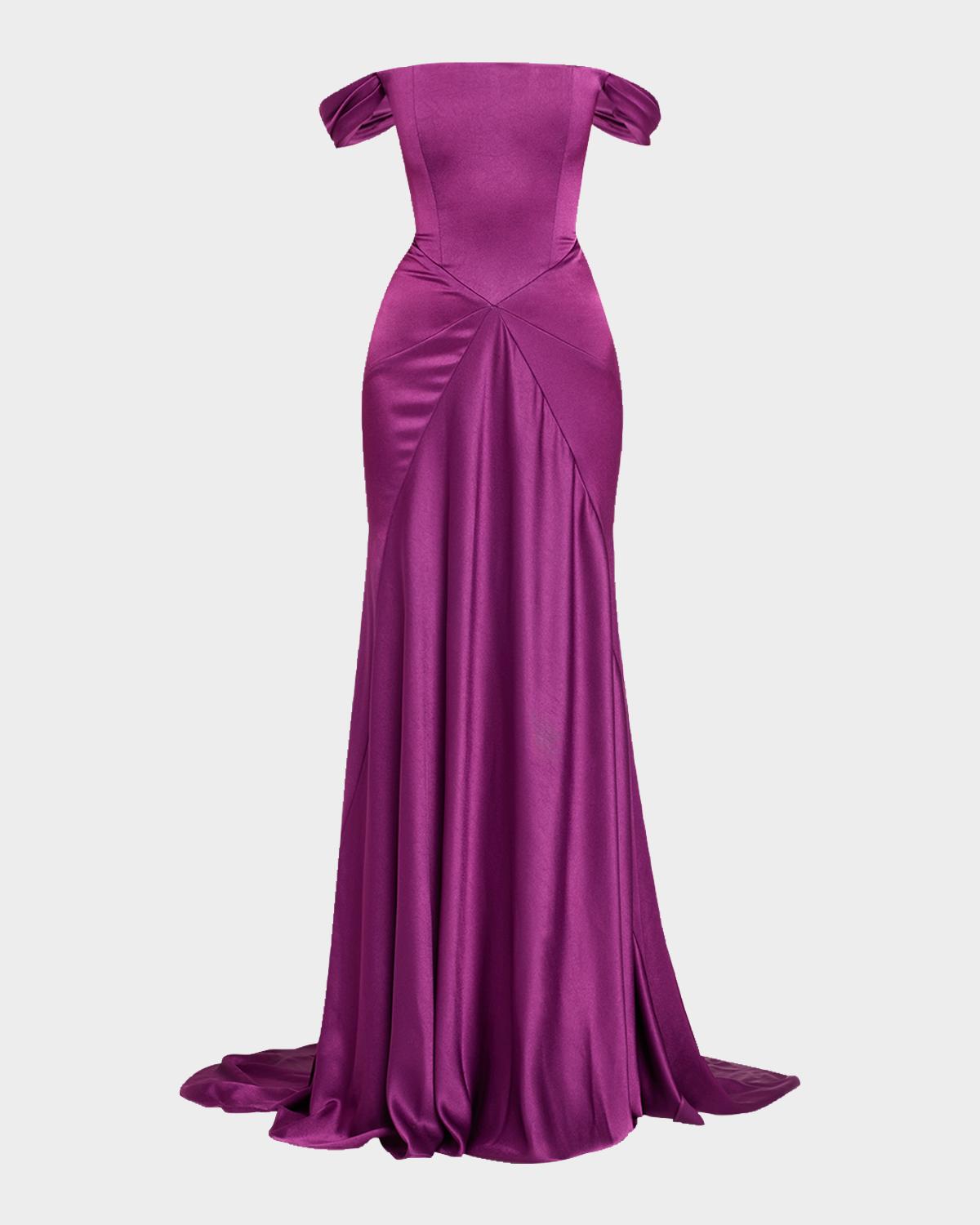 Alex Perry Off-The-Shoulder Paneled Satin Crepe Gown