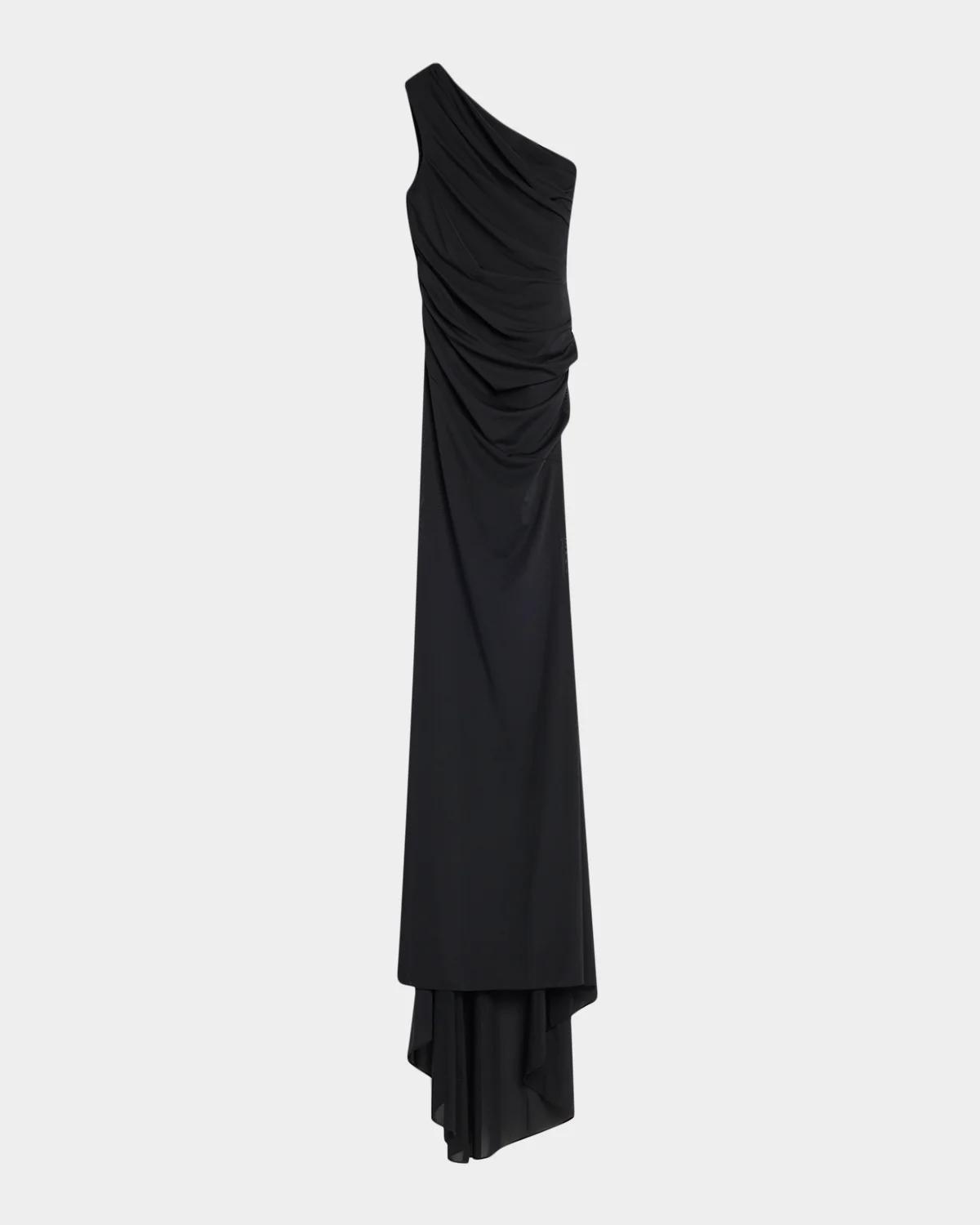 Alex Perry One-Shoulder Tucked Power Mesh Trumpet Gown