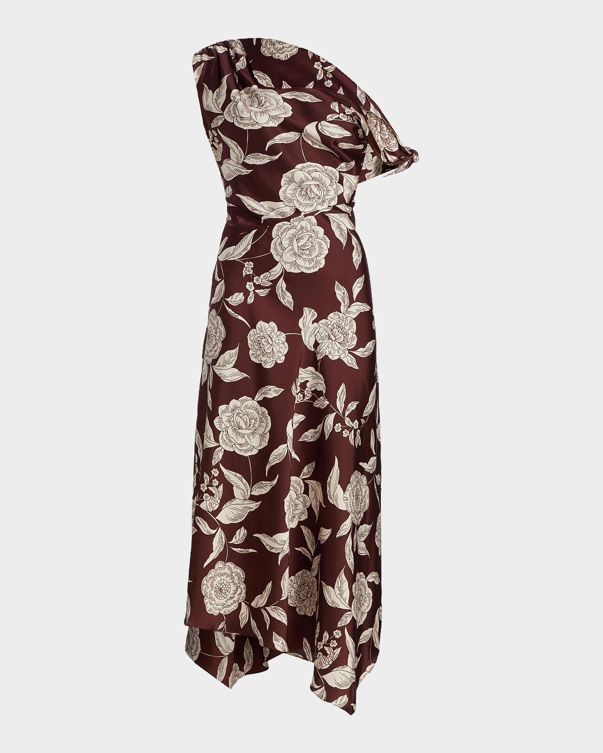 Tanya Taylor Loretta Floral Satin One-Shoulder Midi Dress