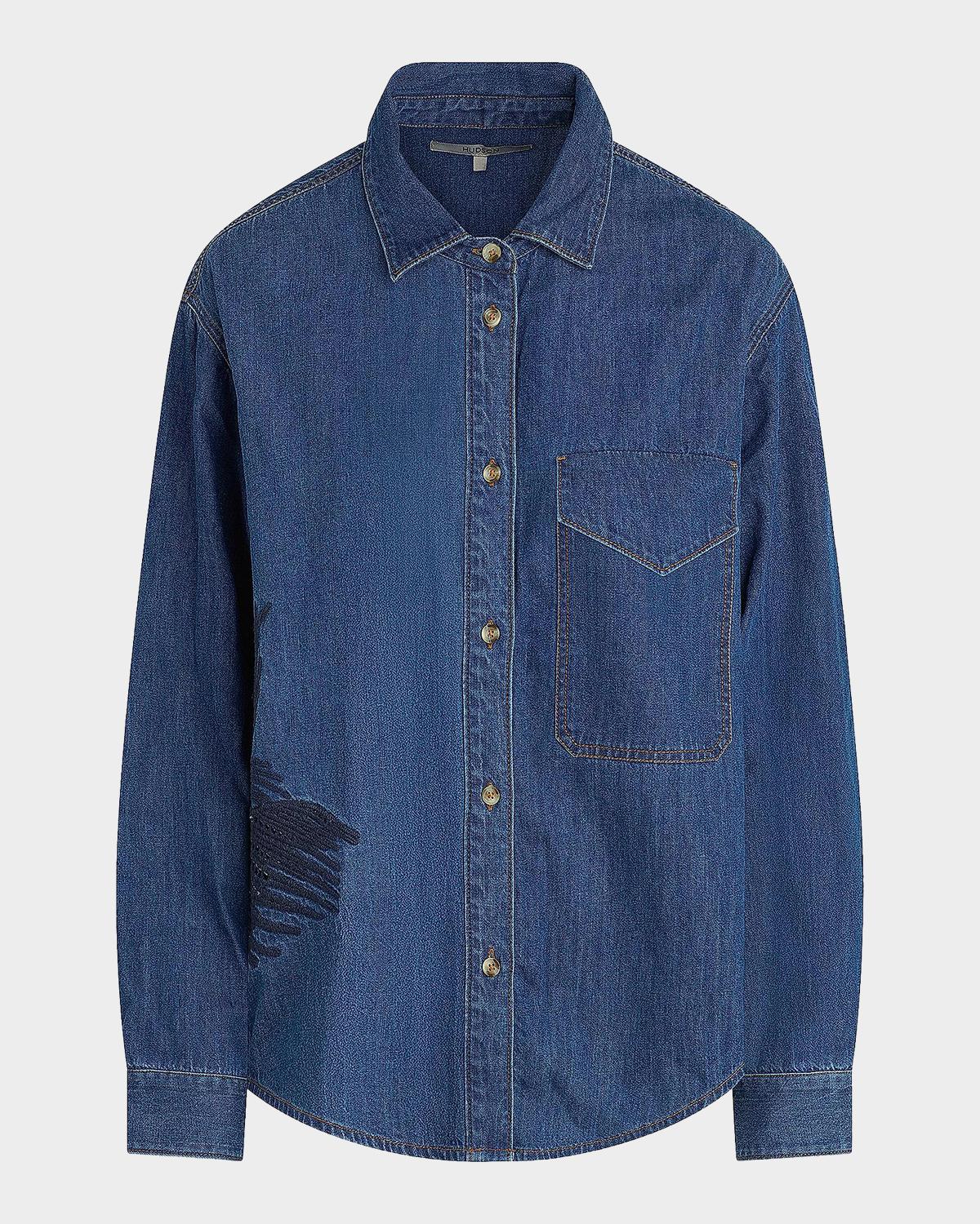 Hudson Embroidered Palm Oversized Button-Front Denim Shirt