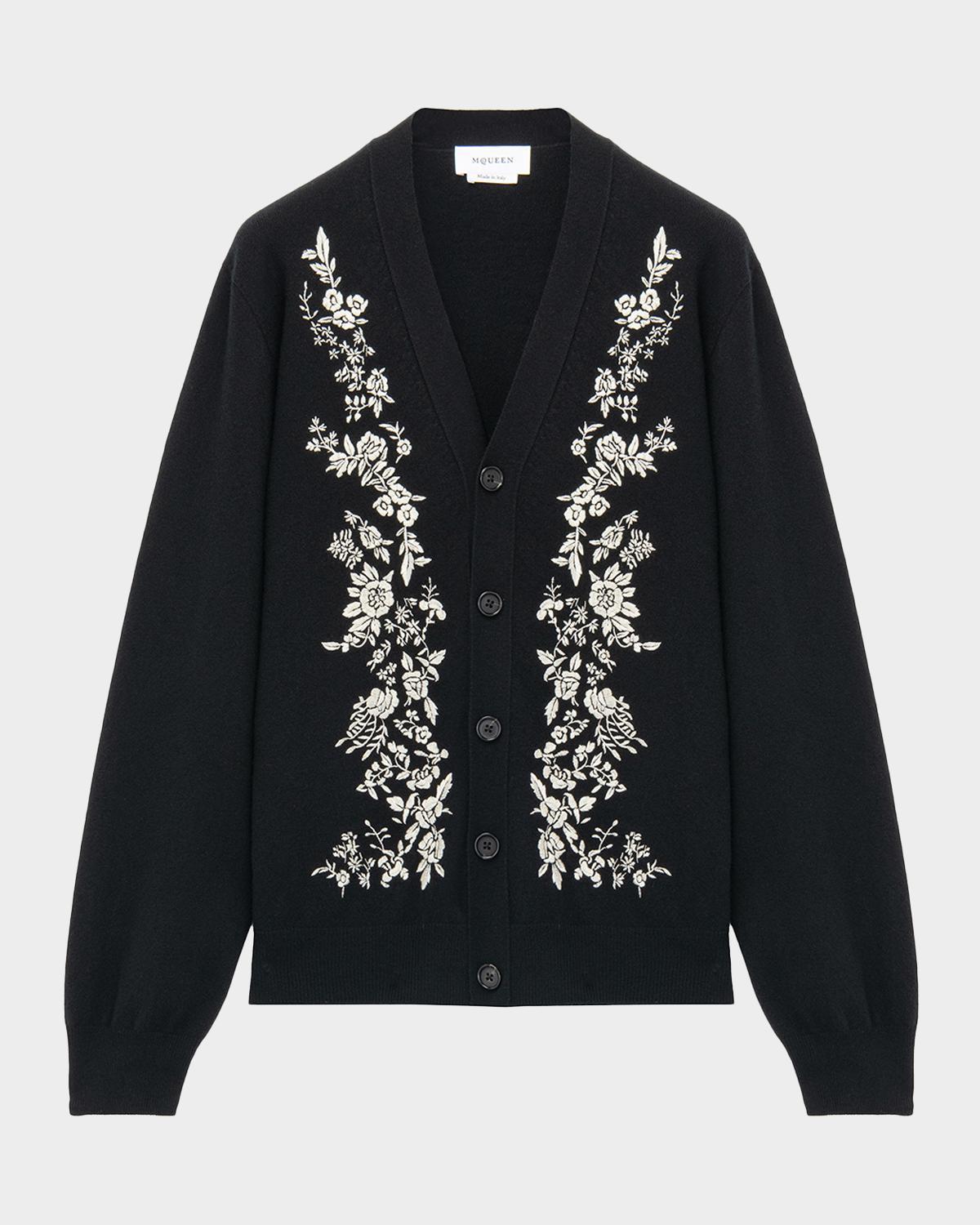 McQueen Men's Wool Floral-Embroidered Cardigan