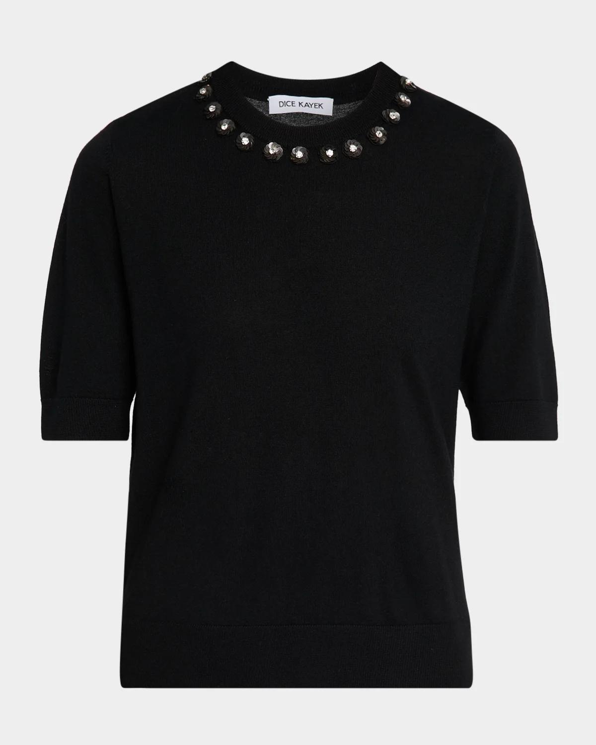 Dice Kayek Embellished Crewneck Short-Sleeve Wool Sweater