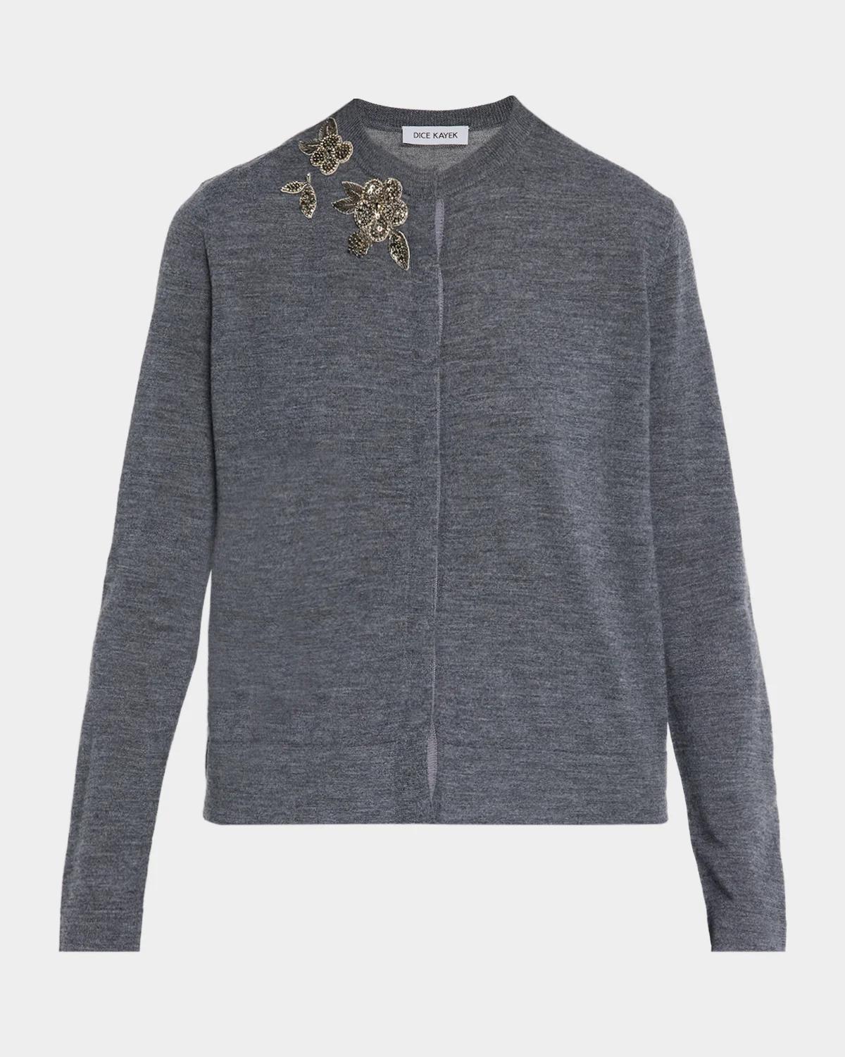 Dice Kayek Floral Embellished Wool Crewneck Cardigan