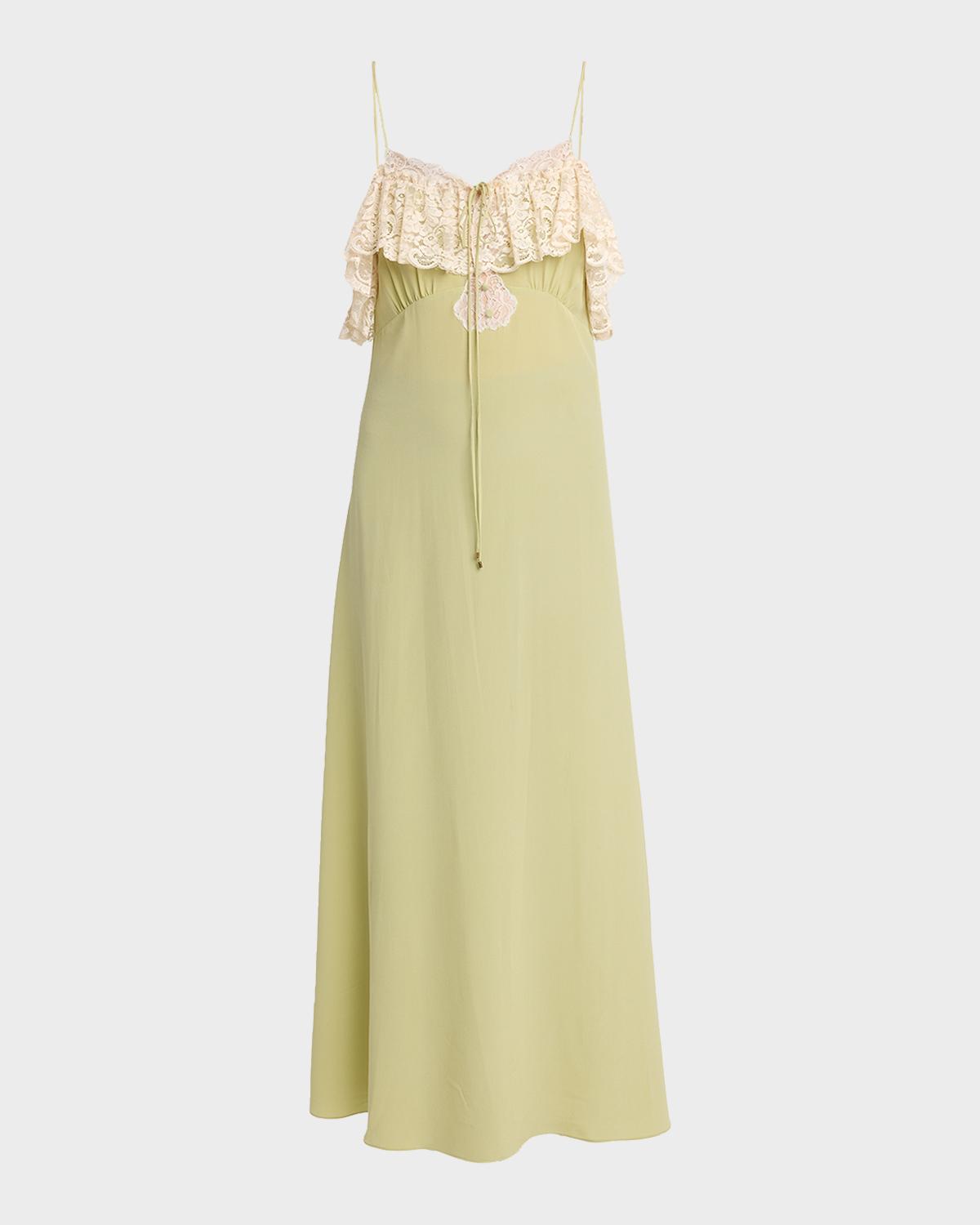 Chloé Chloe Lace-trim Silk-georgette Maxi Dress In Green