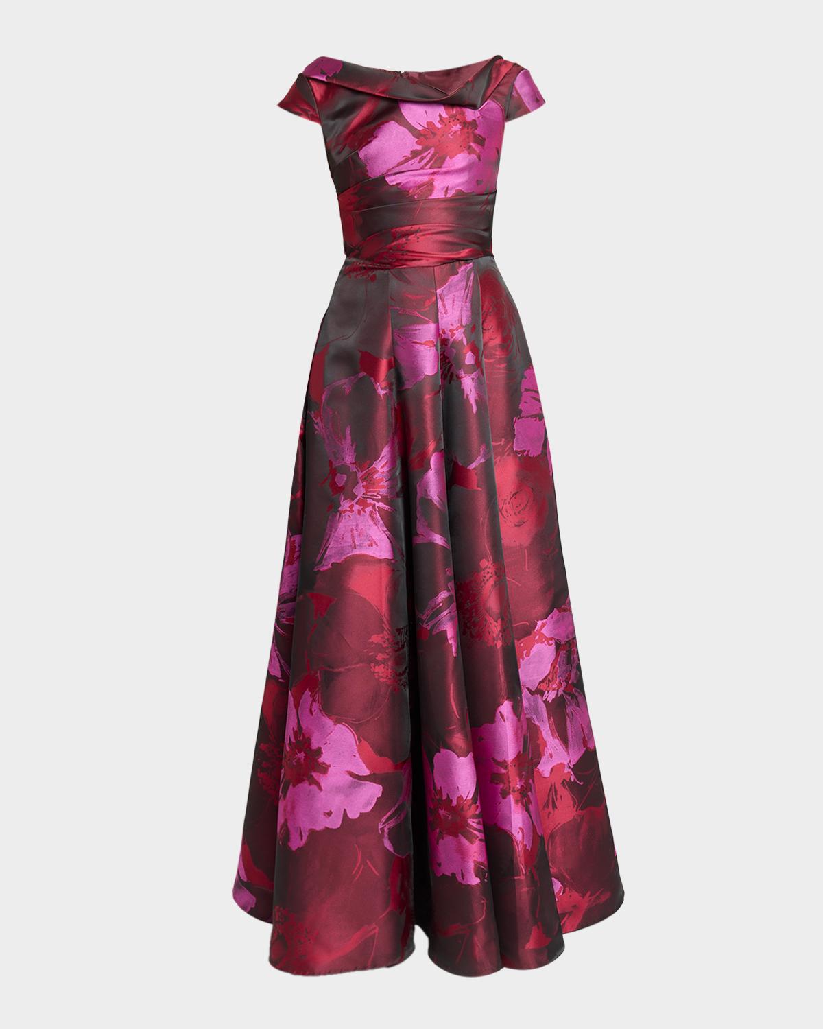 Talbot Runhof Hibiscus Jacquard Twisted High-Neck Ball Gown