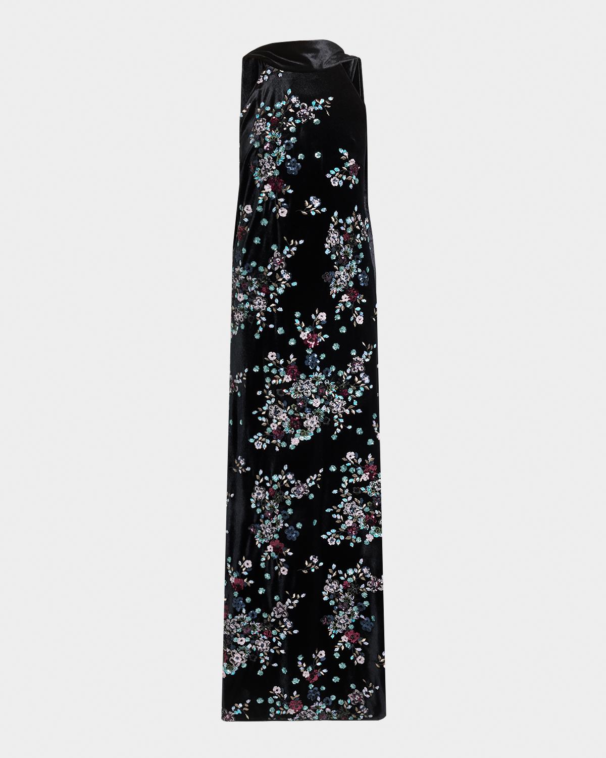 Talbot Runhof Sequin Bloom Velvet Neck-Scarf Halter Gown